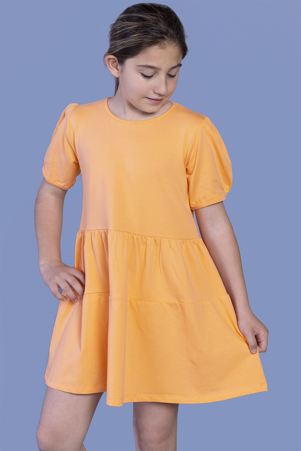 Toontoy Kız Çocuk Büzgülü Balon Kol Elbise