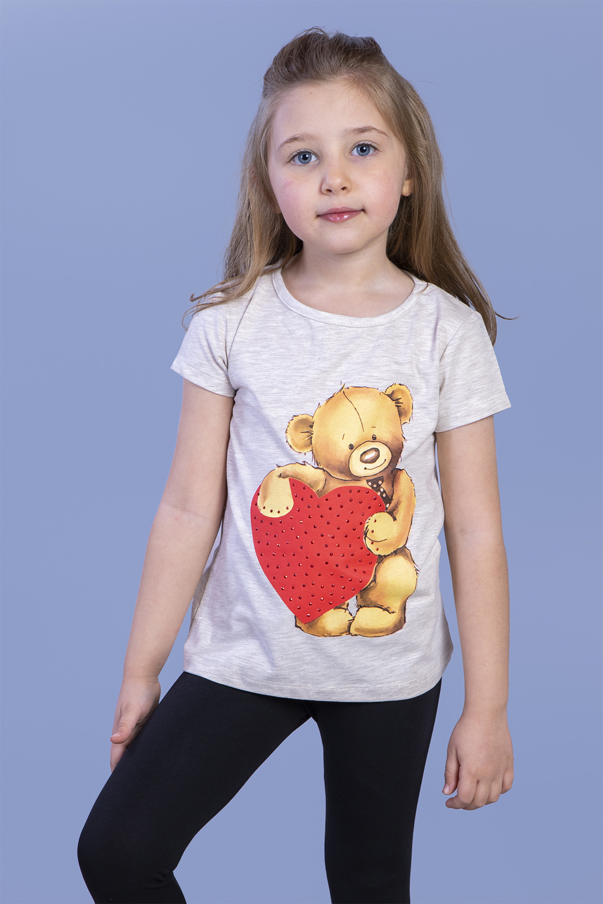 Toontoy  Kiz Çocuk Kalpli Ayicik Baskili Taş İşlemeli Tişört