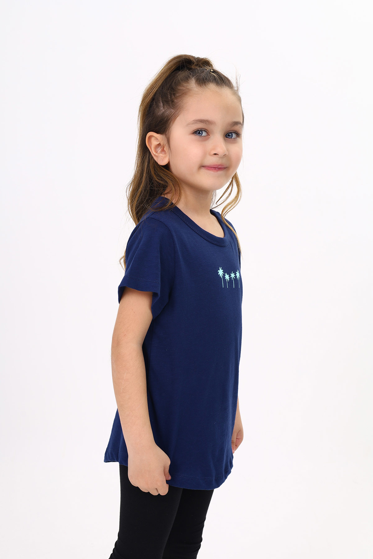 Toontoy Kız Çocuk  Palmiye Baskılı  Düz Tişört