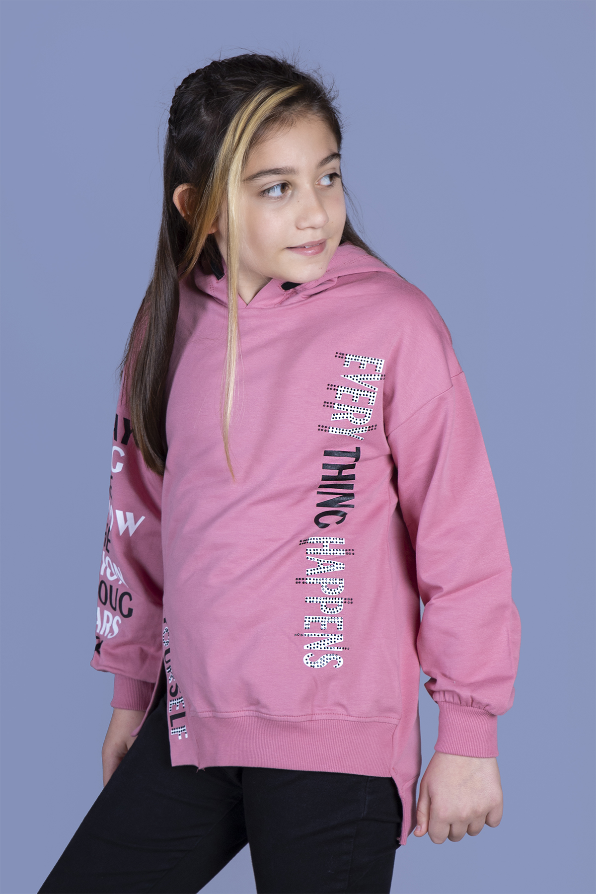 Toontoy Kız Çocuk Kapüşonlu Yırtmaç Detaylı Baskılı Sweatshirt