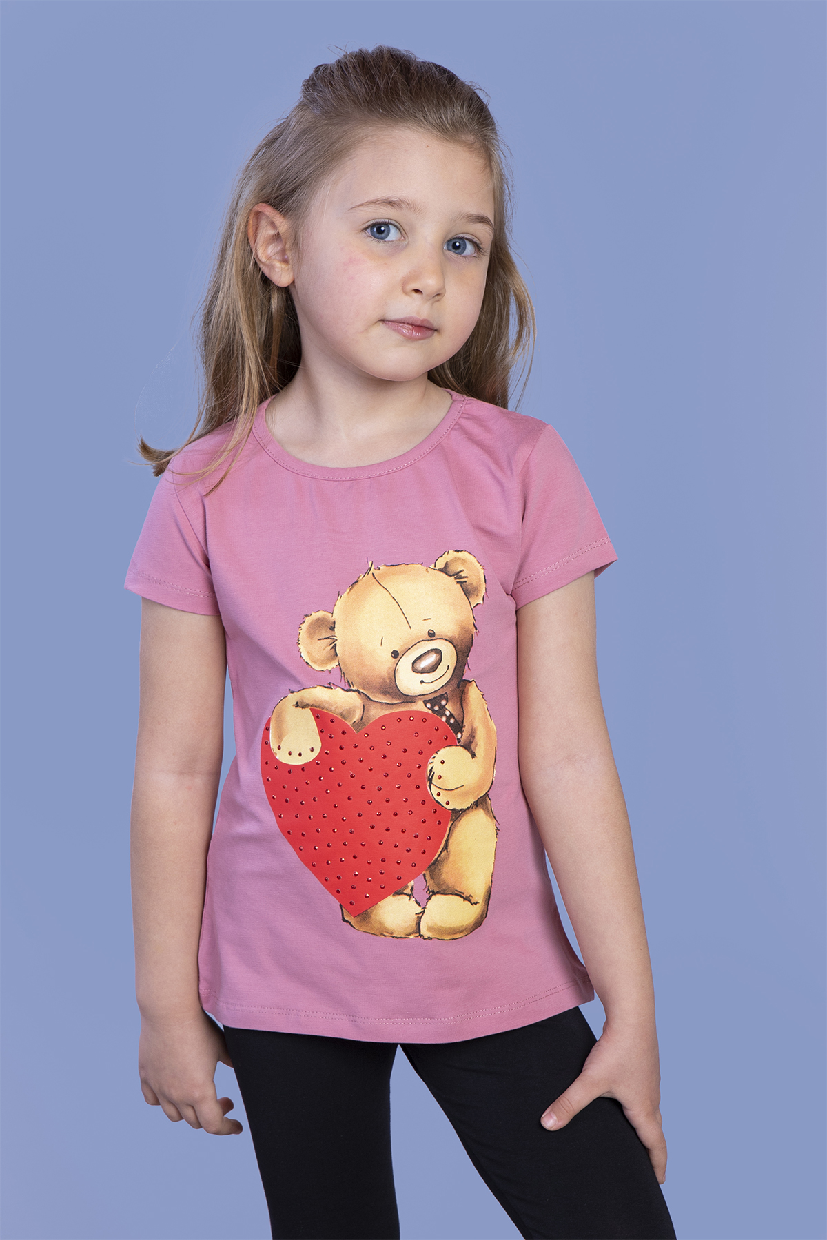 Toontoy  Kiz Çocuk Kalpli Ayicik Baskili Taş İşlemeli Tişört