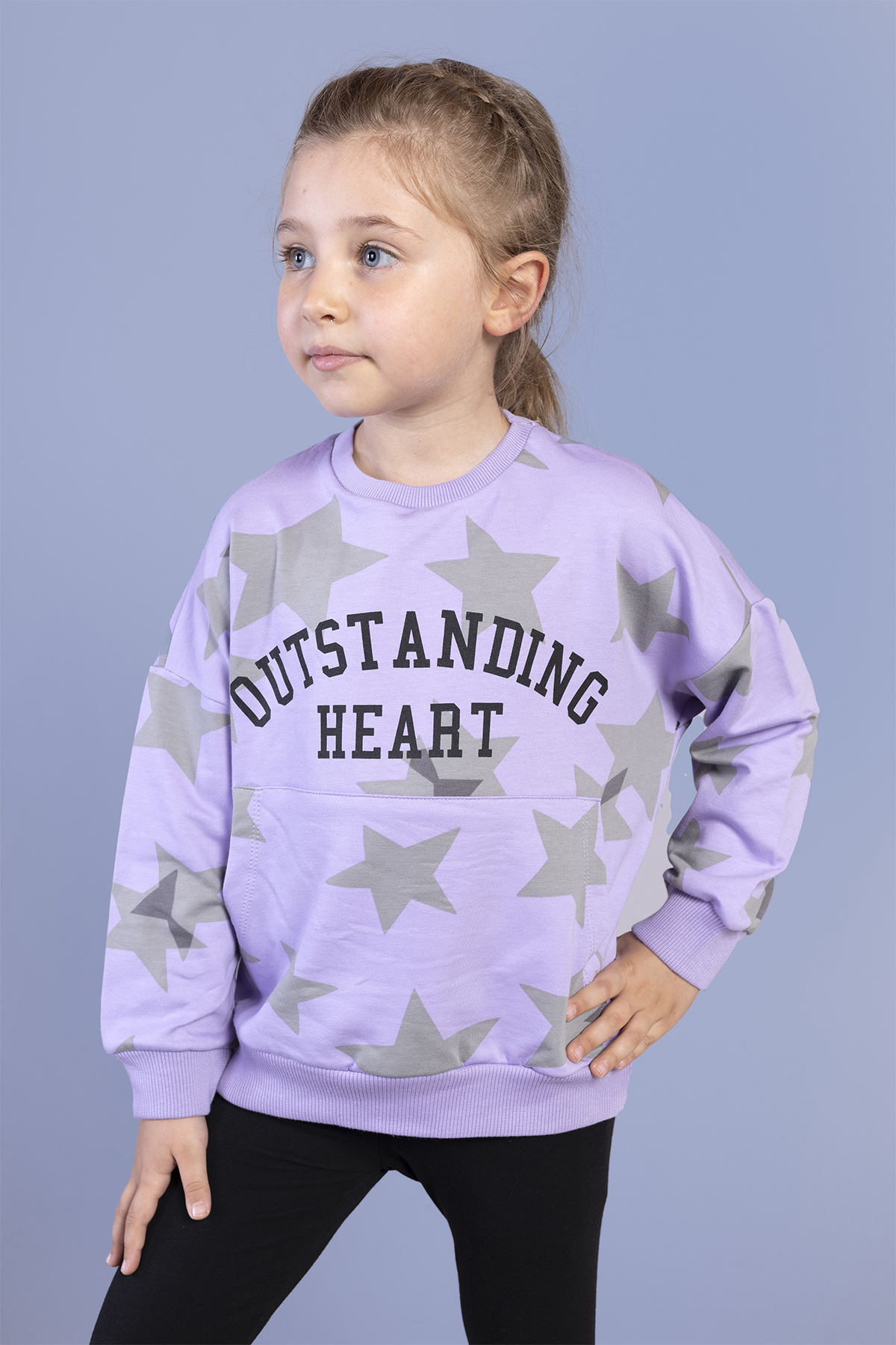 Toontoy Kız Çocuk Kanguru Cepli Komple Yıldız Baskılı Sweatshirt