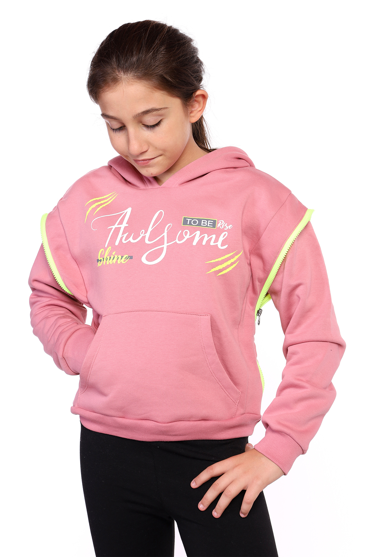 Toontoy Kız Çocuk Kapüşonlu Fermuar Detaylı Baskılı Sweatshirt
