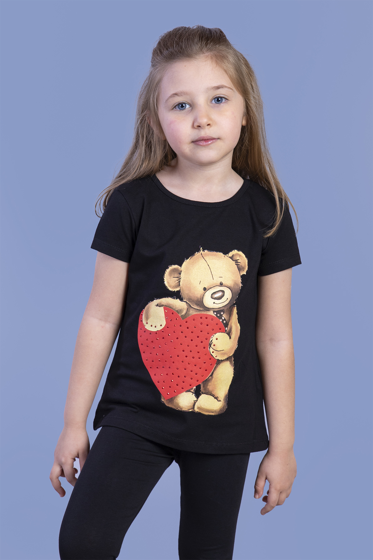 Toontoy  Kiz Çocuk Kalpli Ayicik Baskili Taş İşlemeli Tişört