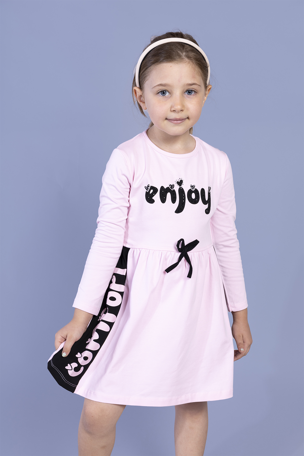 Toontoy Kız Çocuk Taş İşlemeli Enjoy Baskılı Elbise