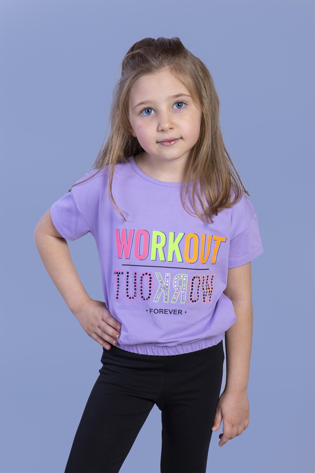 Toontoy Kız Çocuk Workout Baskılı Taş İşlemeli Tişört
