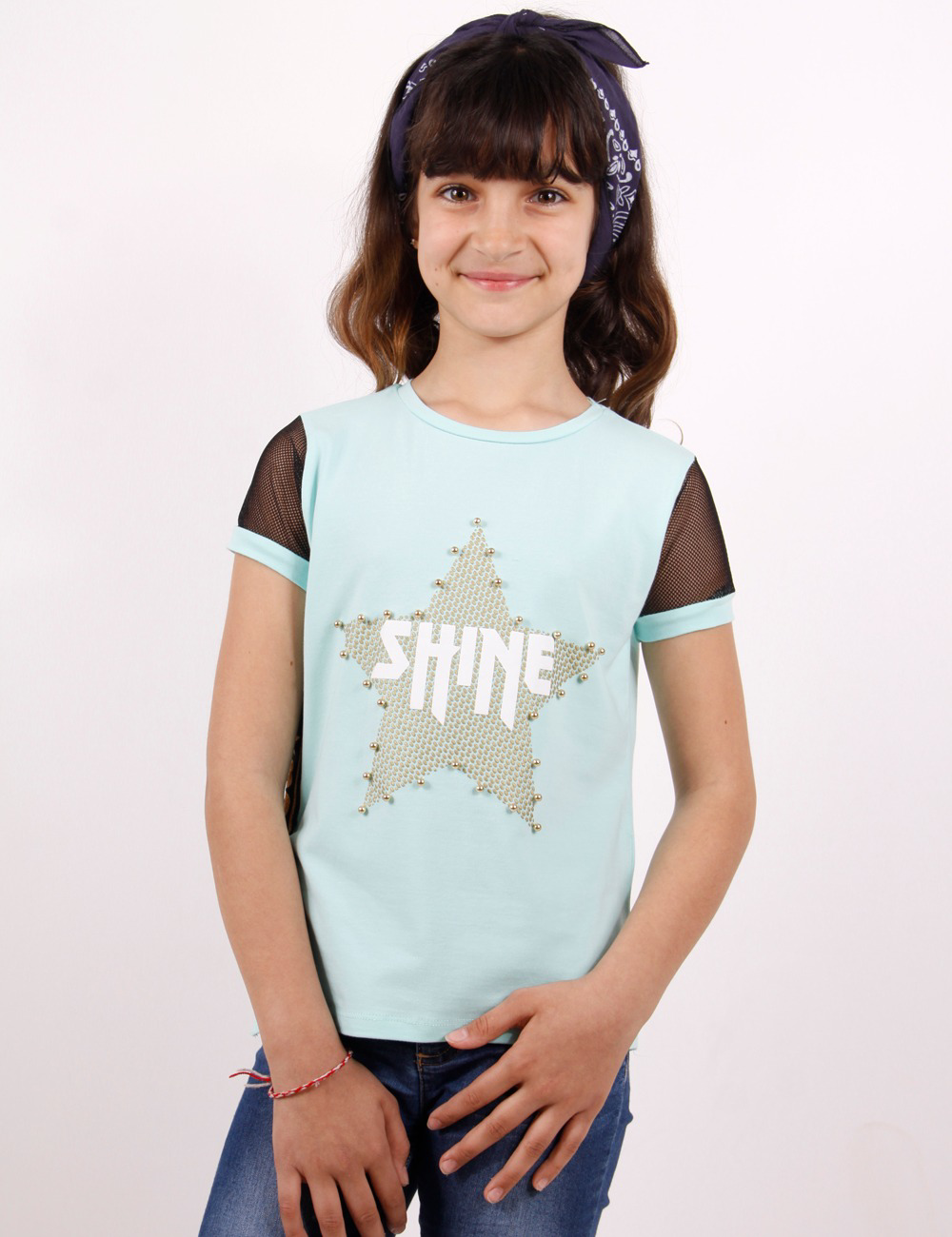 Toontoy Kız Çocuk Shine Yıldız Baskılı Kol Kısmı Fileli Tişört