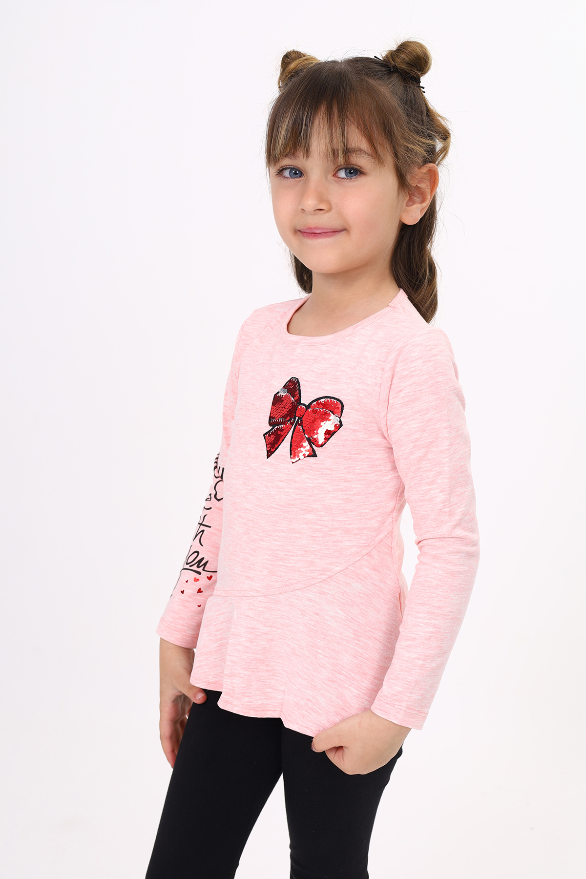 Toontoy Kız Çocuk Göğsü Pullu Fiyonklu Nakışlı T-Shirt