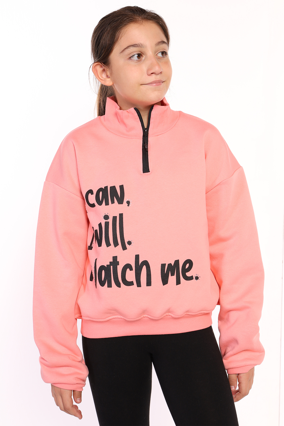 Toontoy Kız Çocuk Dik Yaka Fermuarlı Baskılı Sweatshirt
