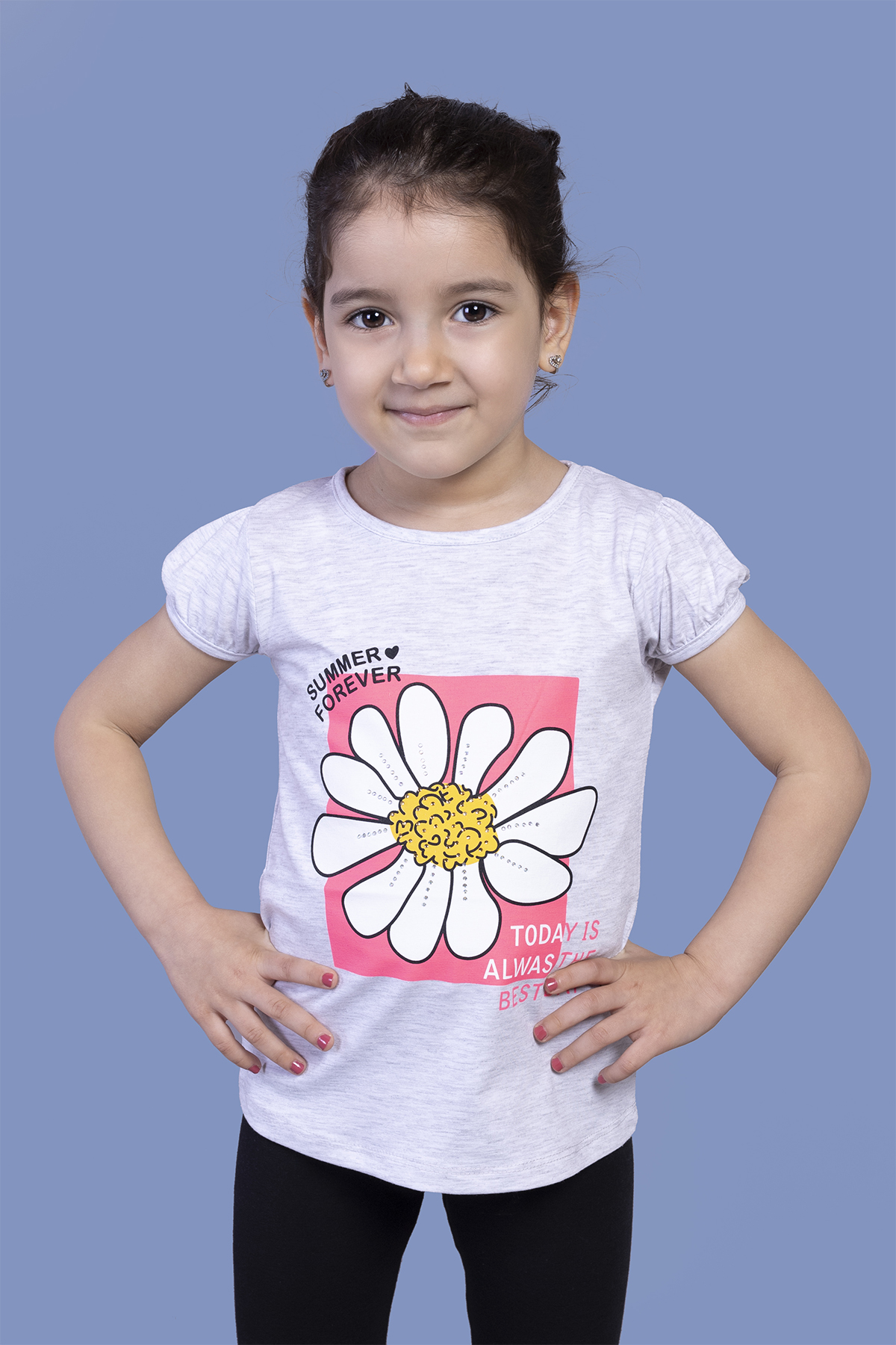 Toontoy Kız Çocuk Papatya Baskılı Taş İşlemeli Tişört