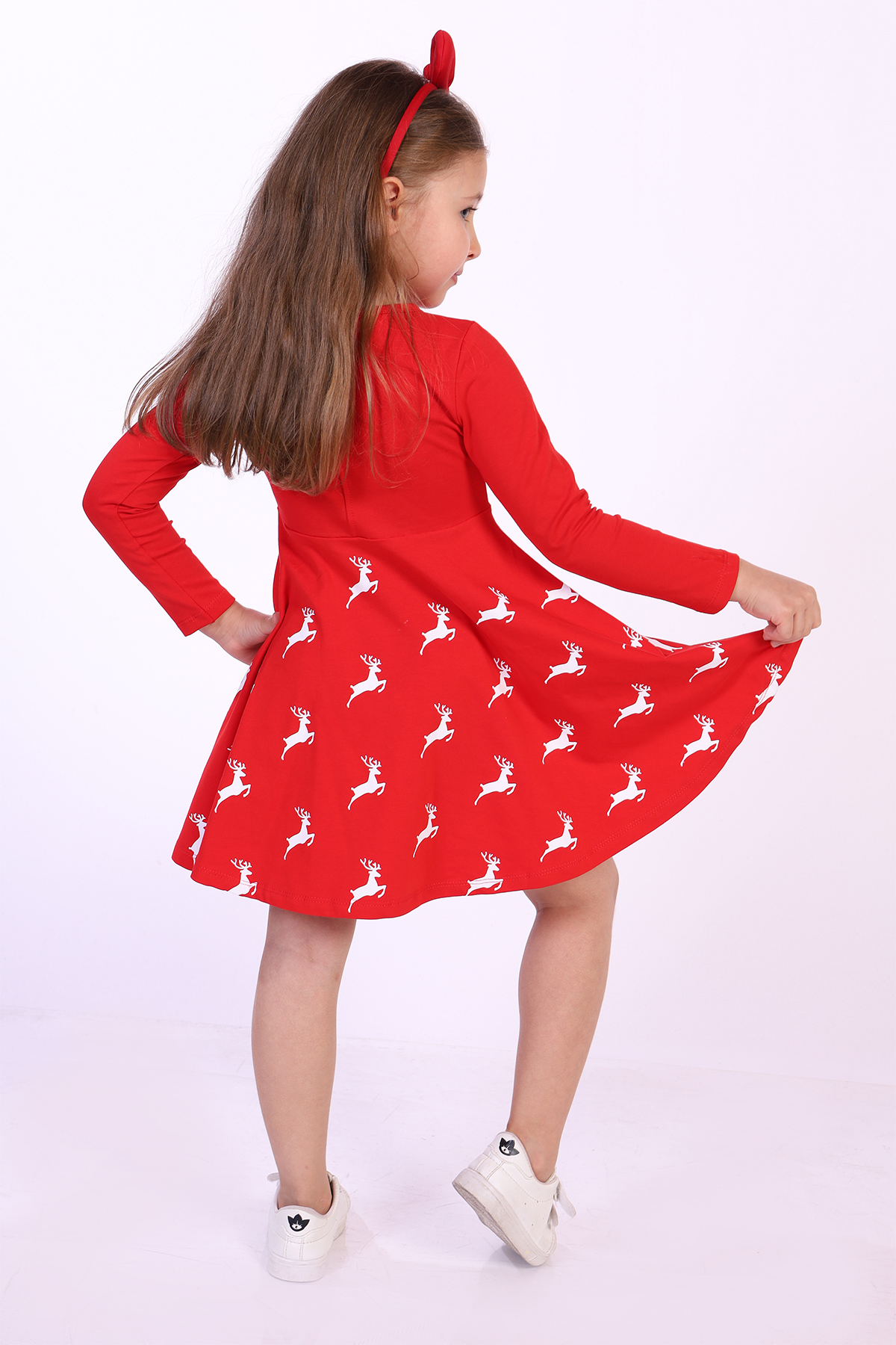 Toontoy Kız Çocuk Merry Chrıstmas Yazılı Geyik Baskılı Elbise