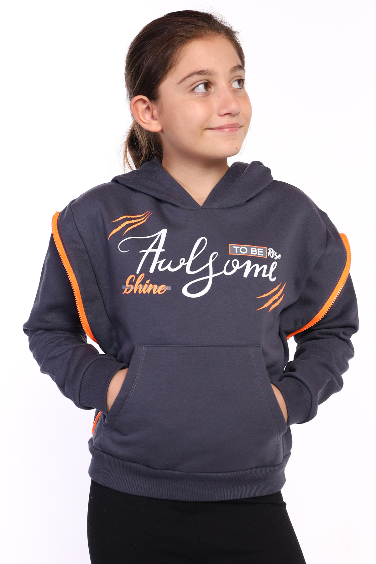 Toontoy Kız Çocuk Kapüşonlu Fermuar Detaylı Baskılı Sweatshirt