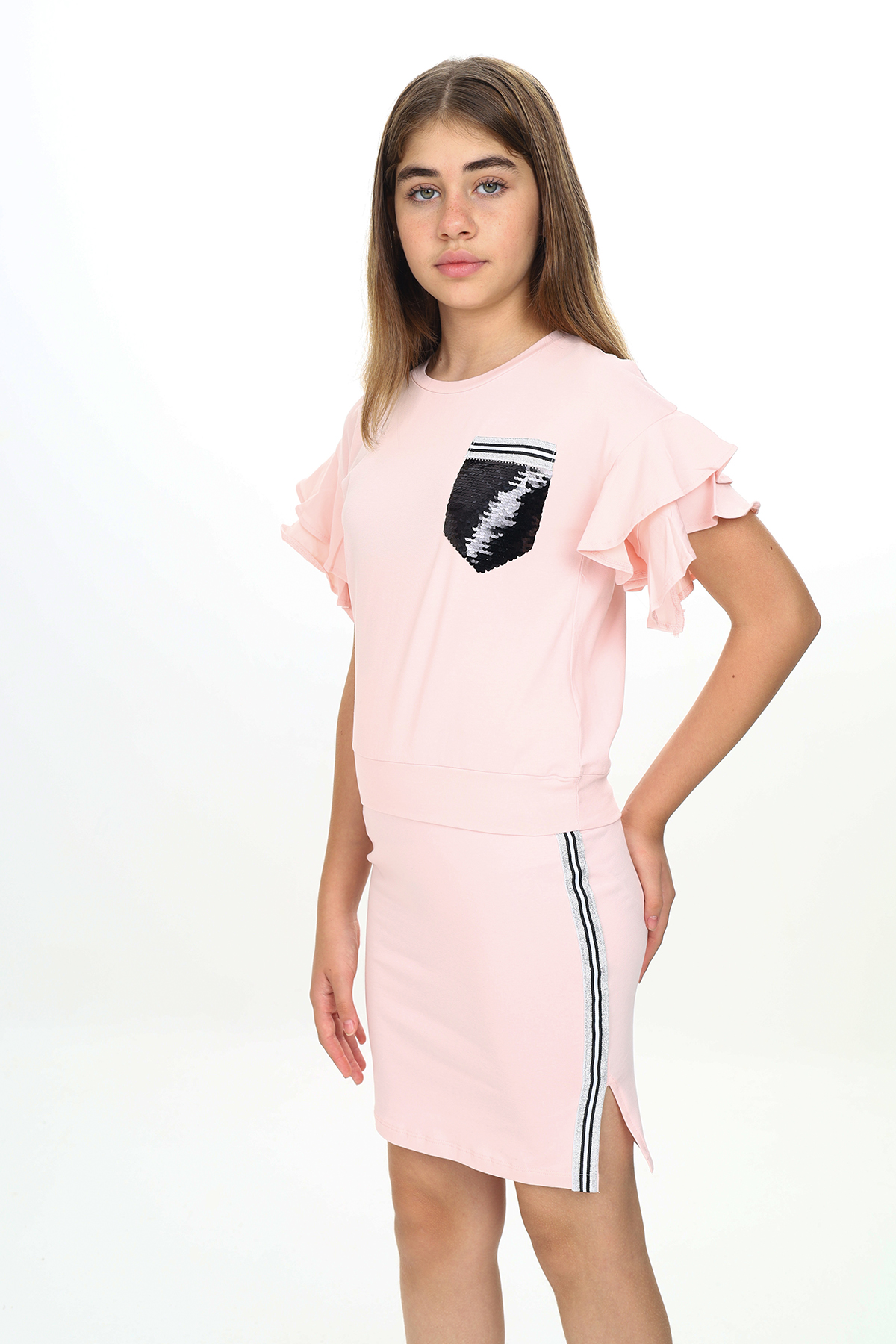 Toontoy  Kız Çocuk Cep Pul Nakışlı Etek Şeritli Takım