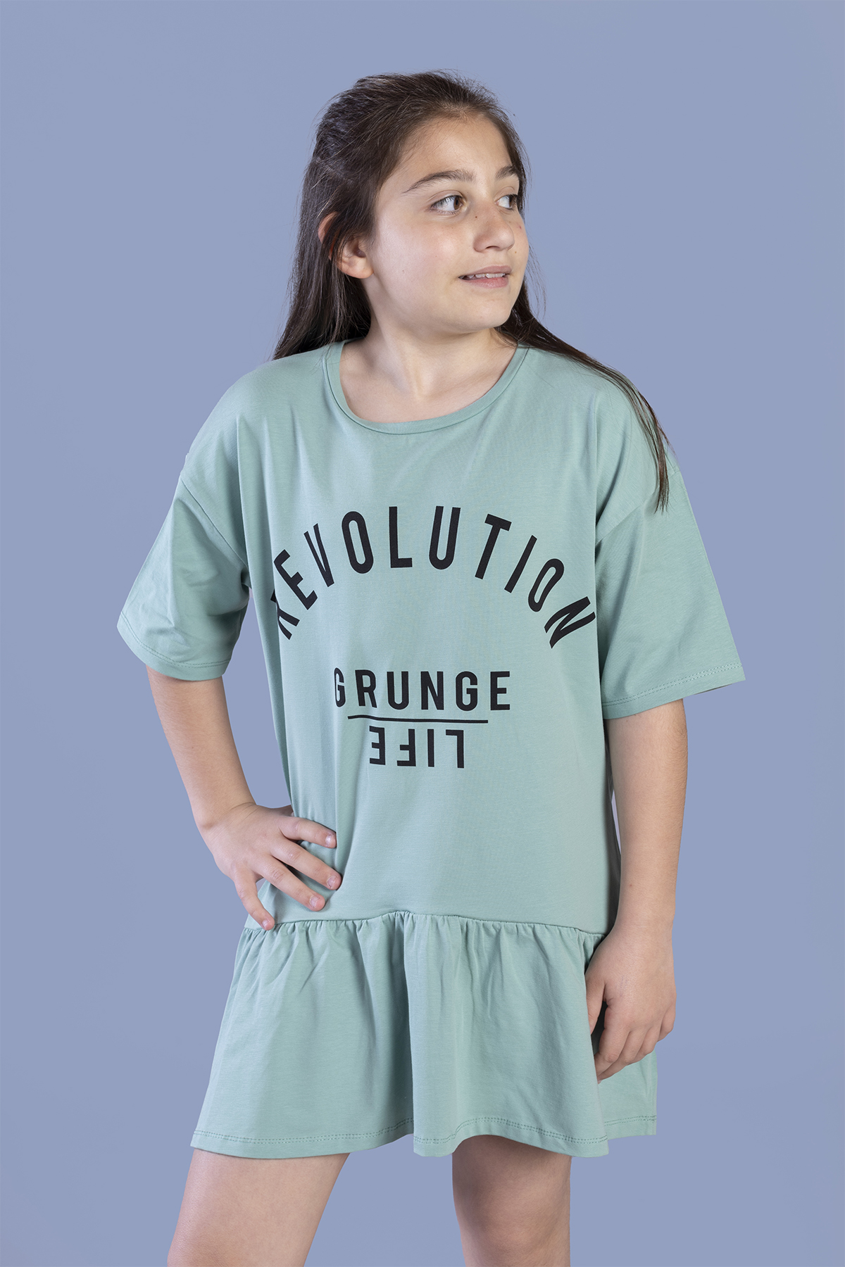 Toontoy Kız Çocuk Baskılı Eteği Büzgülü Düşük Kol Elbise