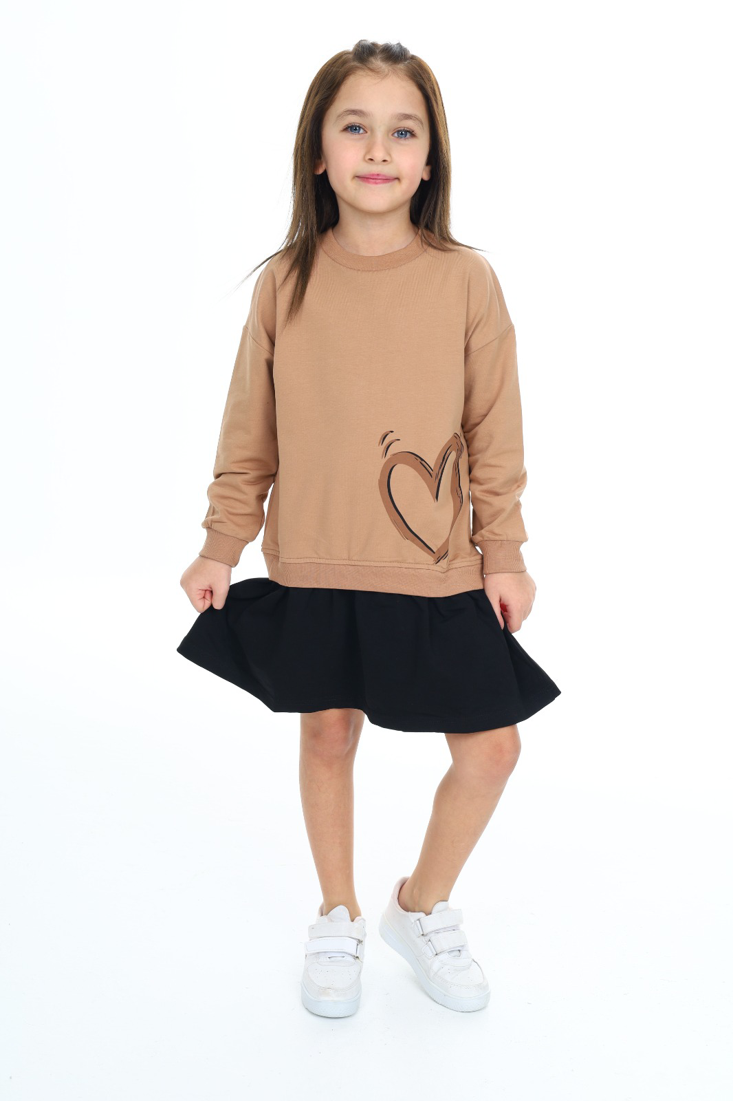 Toontoy Kız Çocuk  Eteği Kadife Kalp Baskılı Elbise