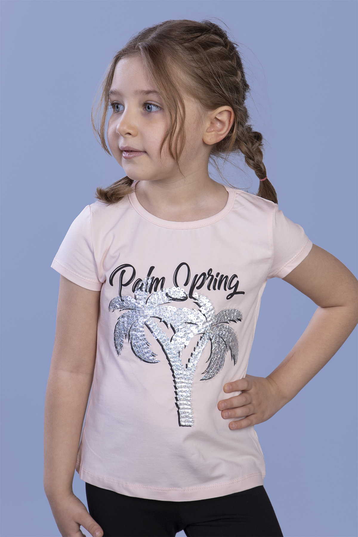 Toontoy Kız Çocuk Pullu Palmiye Nakışlı Tişört