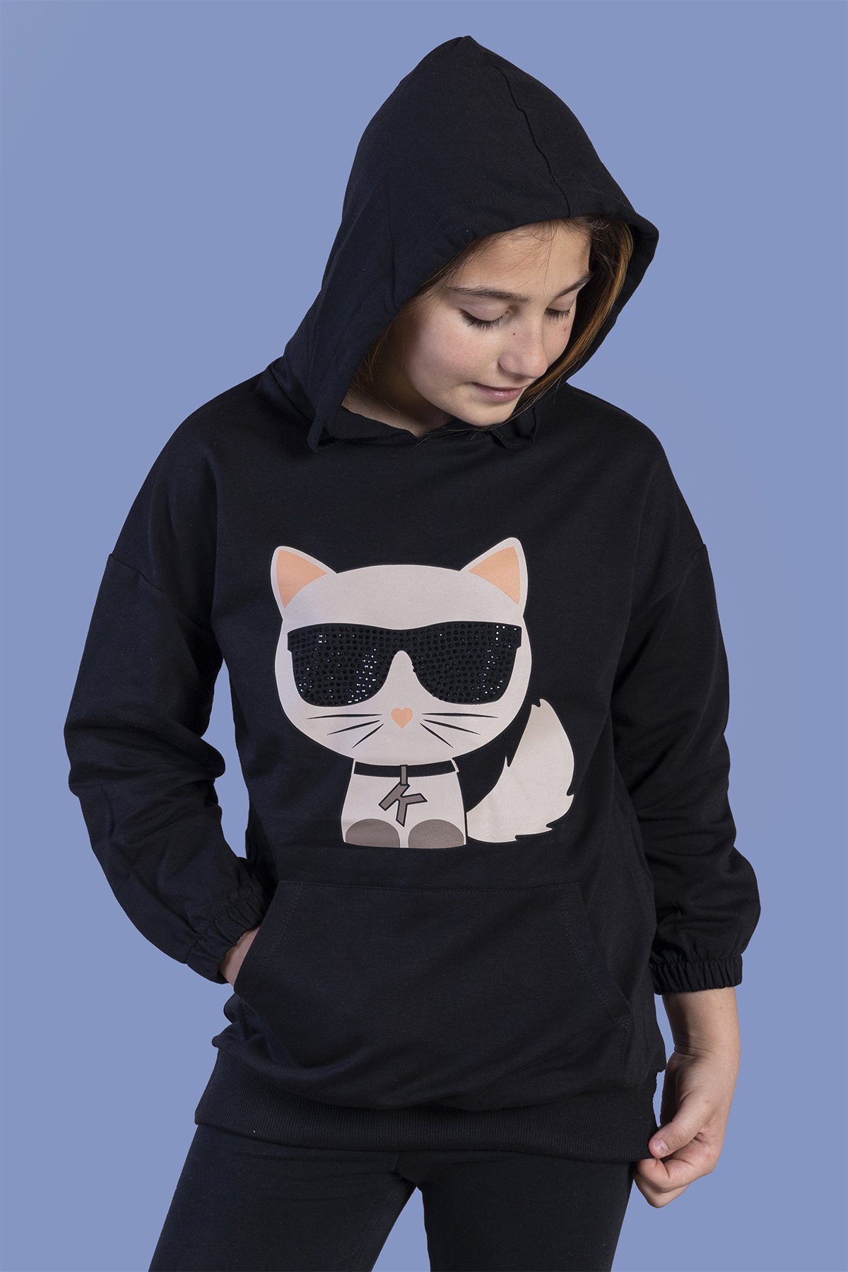 Toontoy Kız Çocuk Kedi Desenli Taş İşlemeli Kanguru Cepli Sweatsh