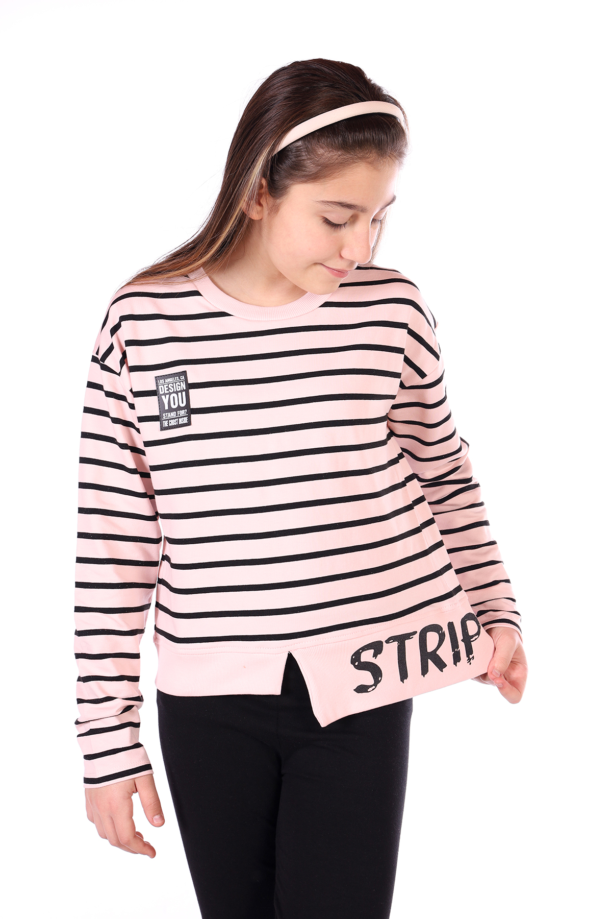 Toontoy Kız Çocuk Çizgili Striped Baskılı Sweatshirt