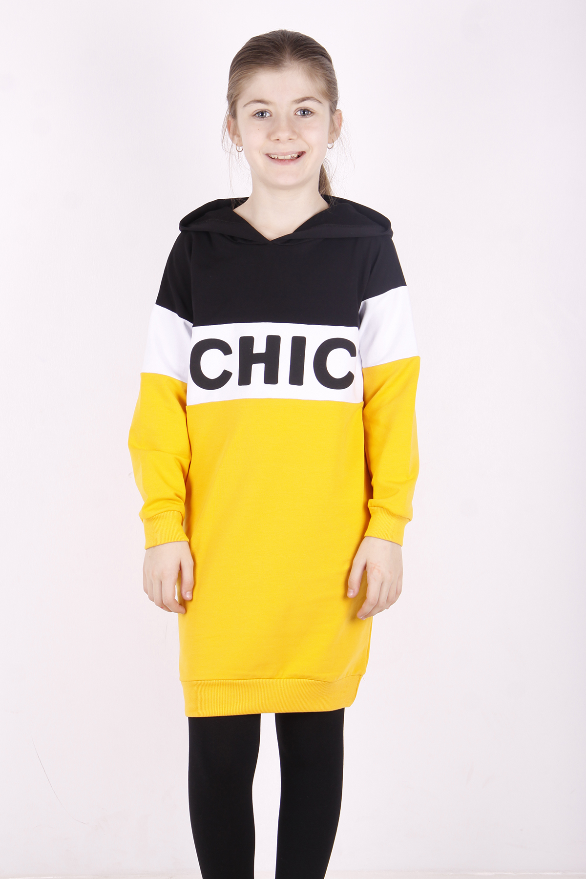 Toontoy Kız Çocuk Chic Baskılı Kapşonlu Elbise