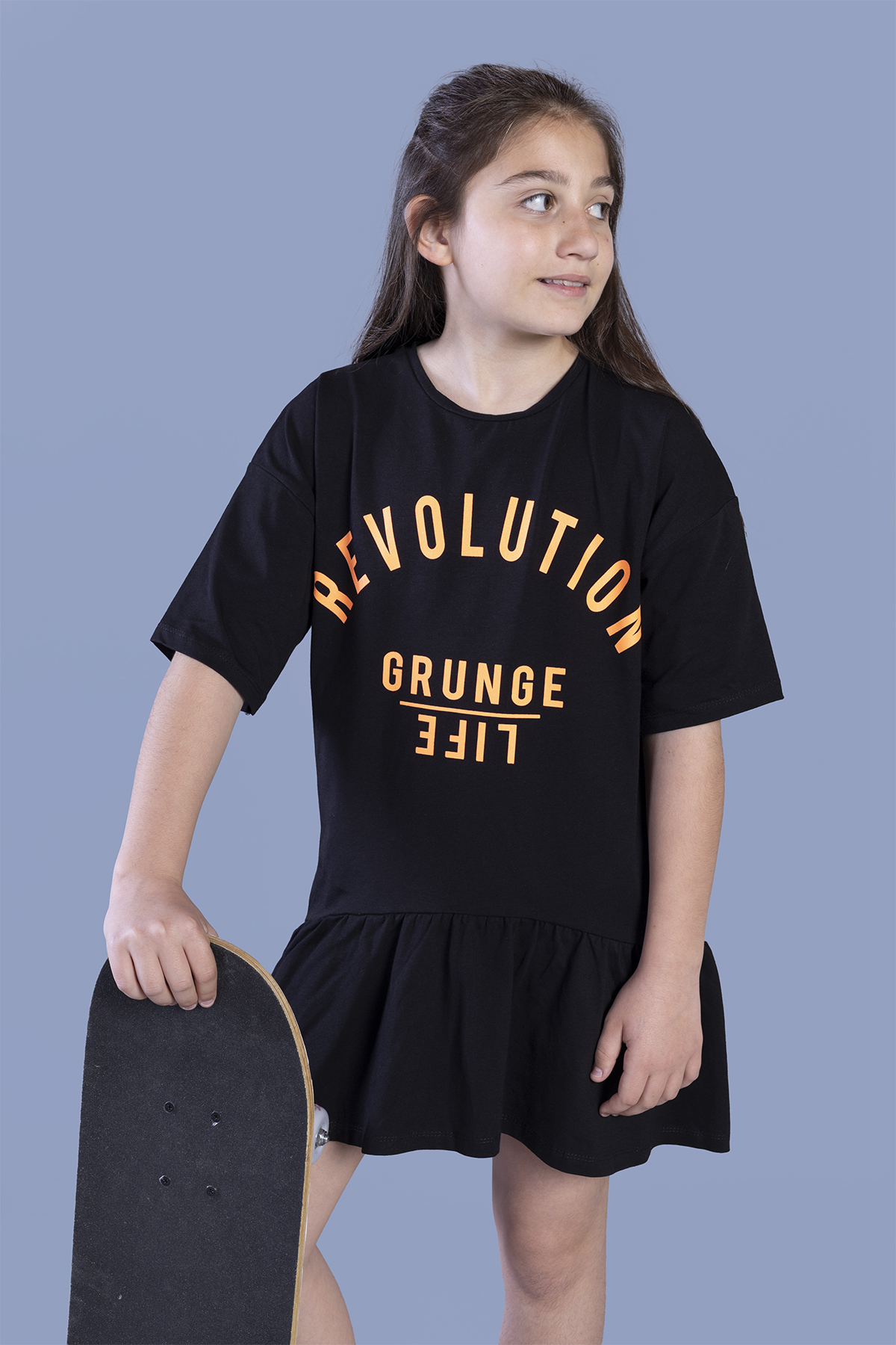 Toontoy Kız Çocuk Baskılı Eteği Büzgülü Düşük Kol Elbise