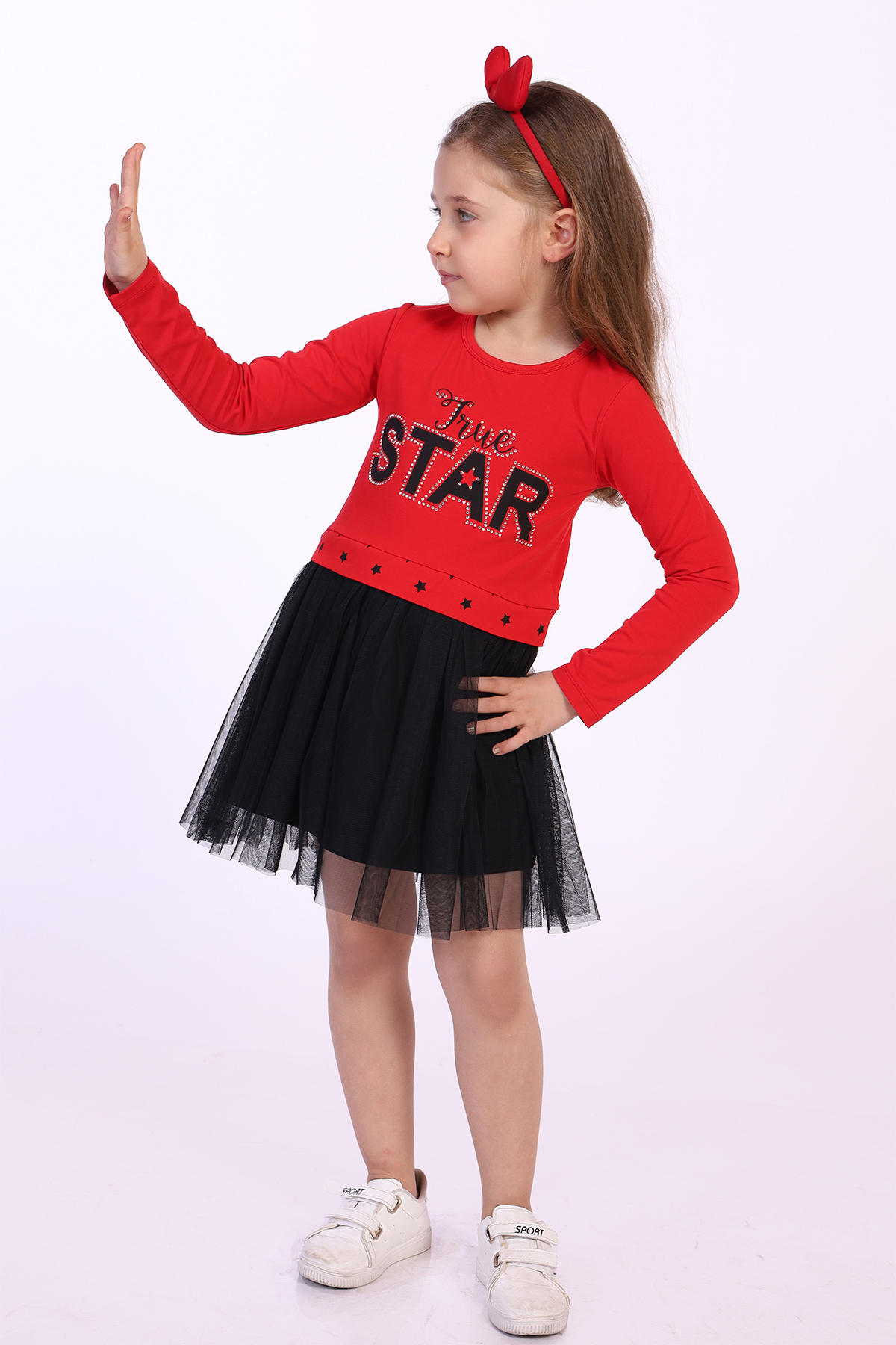 Toontoy Kız Çocuk Star Baskılı Tüllü Elbise