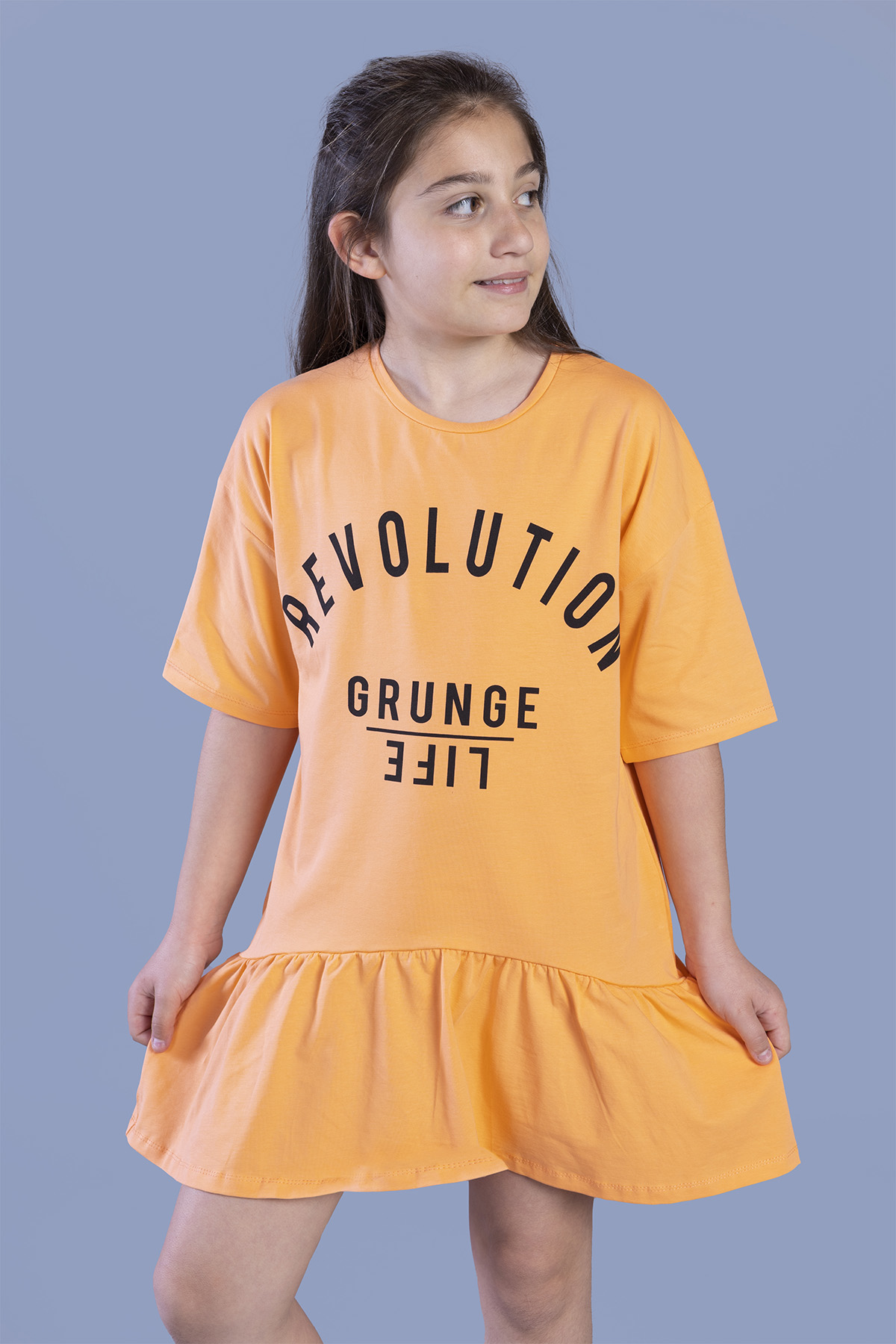 Toontoy Kız Çocuk Baskılı Eteği Büzgülü Düşük Kol Elbise