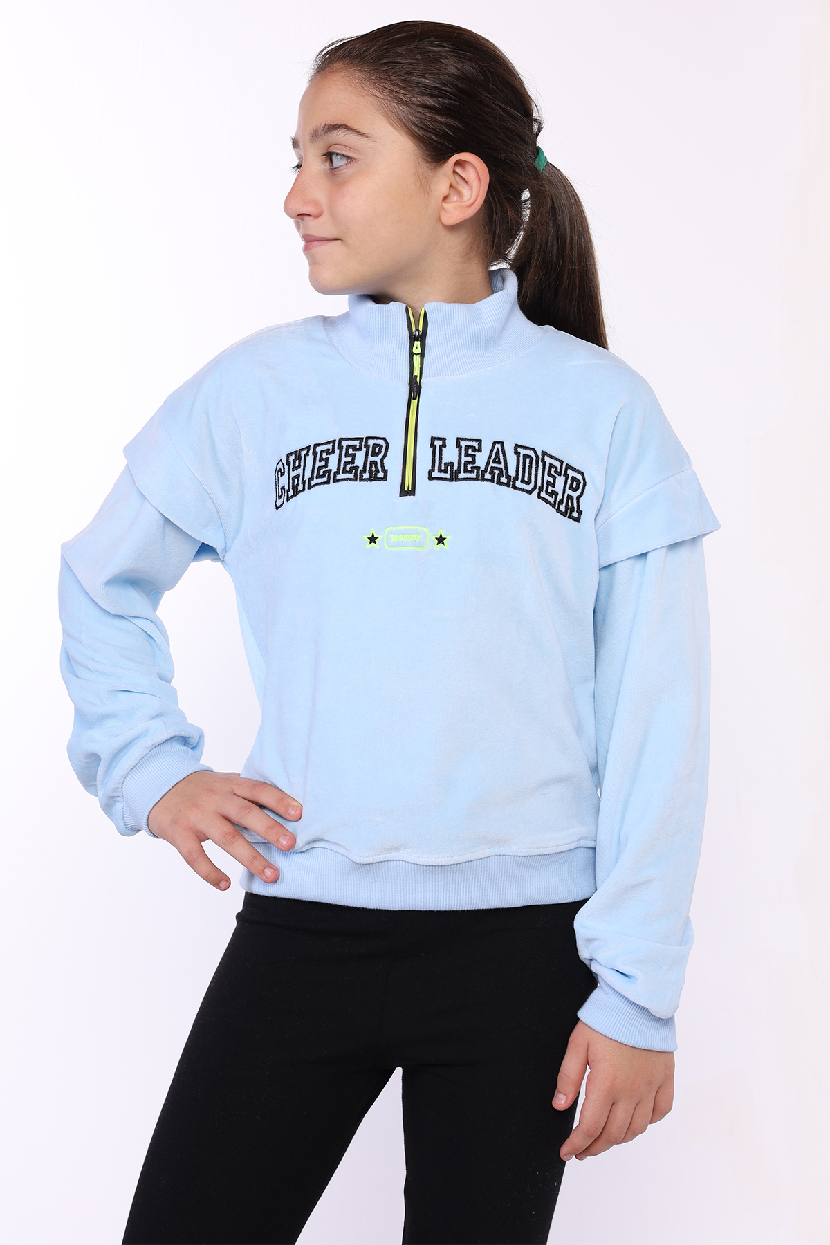 Toontoy Kız Çocuk Fermuar Detaylı Nakışlı Kadife Sweatshirt