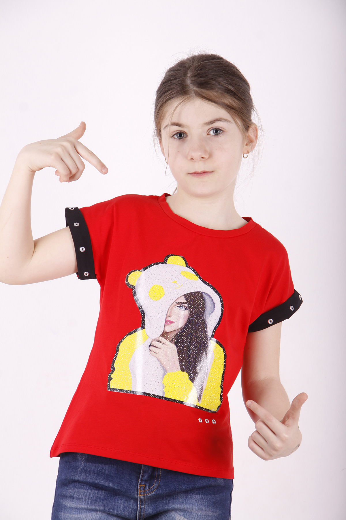 Toontoy Kız Çocuk Kız Baskılı Kolları İnci Detaylı Tişört