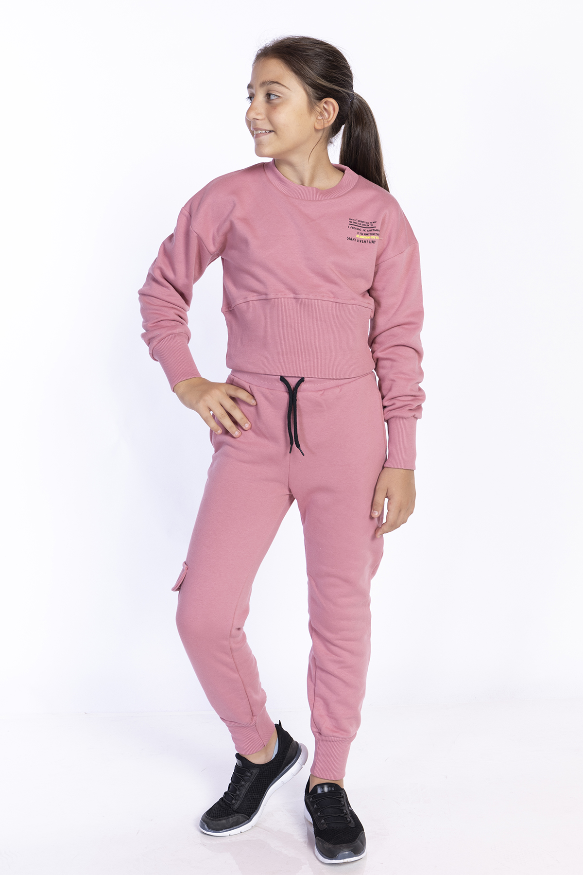 Toontoy Kız Çocuk Bisiklet Yaka Düşük Kol Crop Eşofman Takım