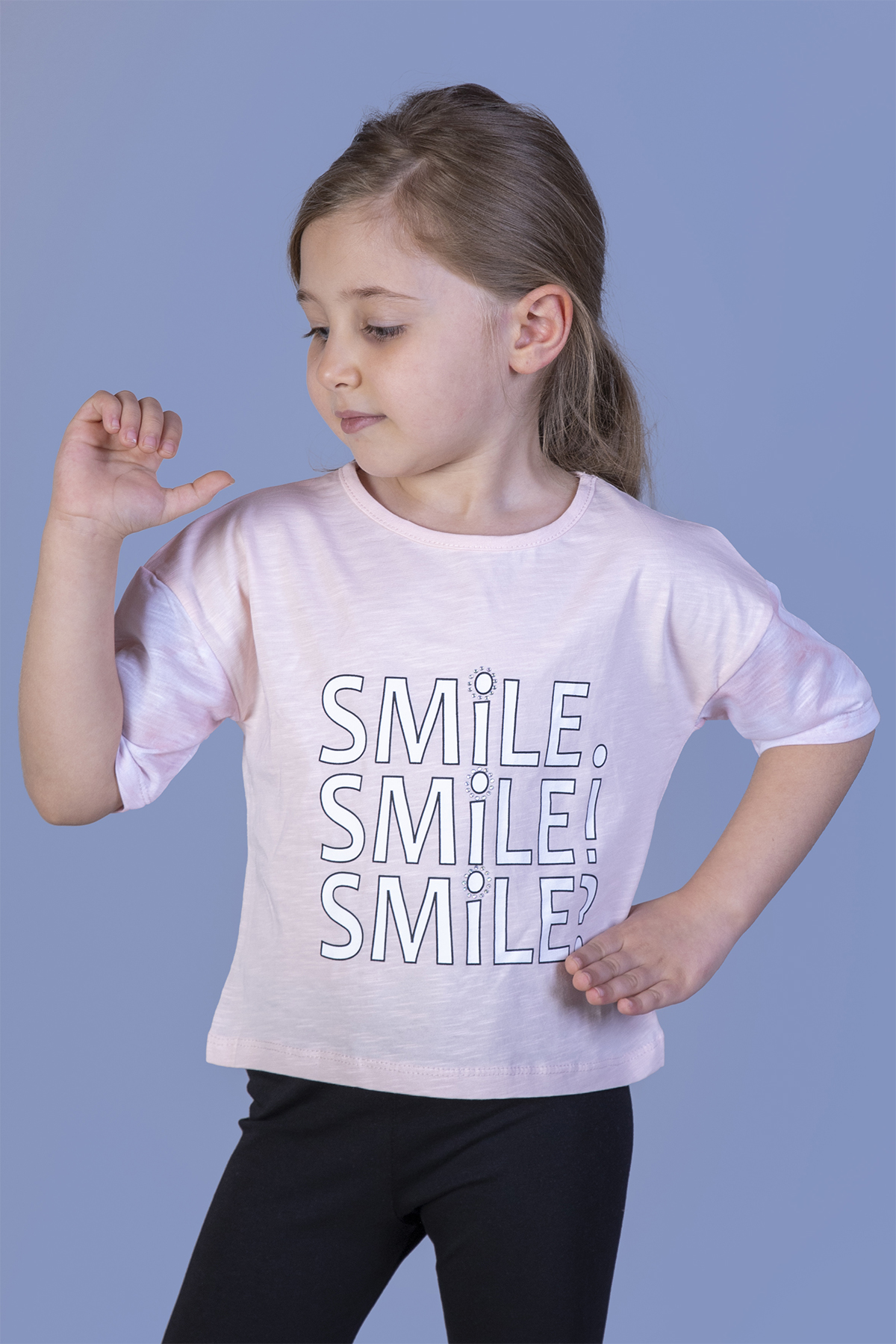 Toontoy Kız Çocuk Smile Baskılı Kolları Desenli Tişört