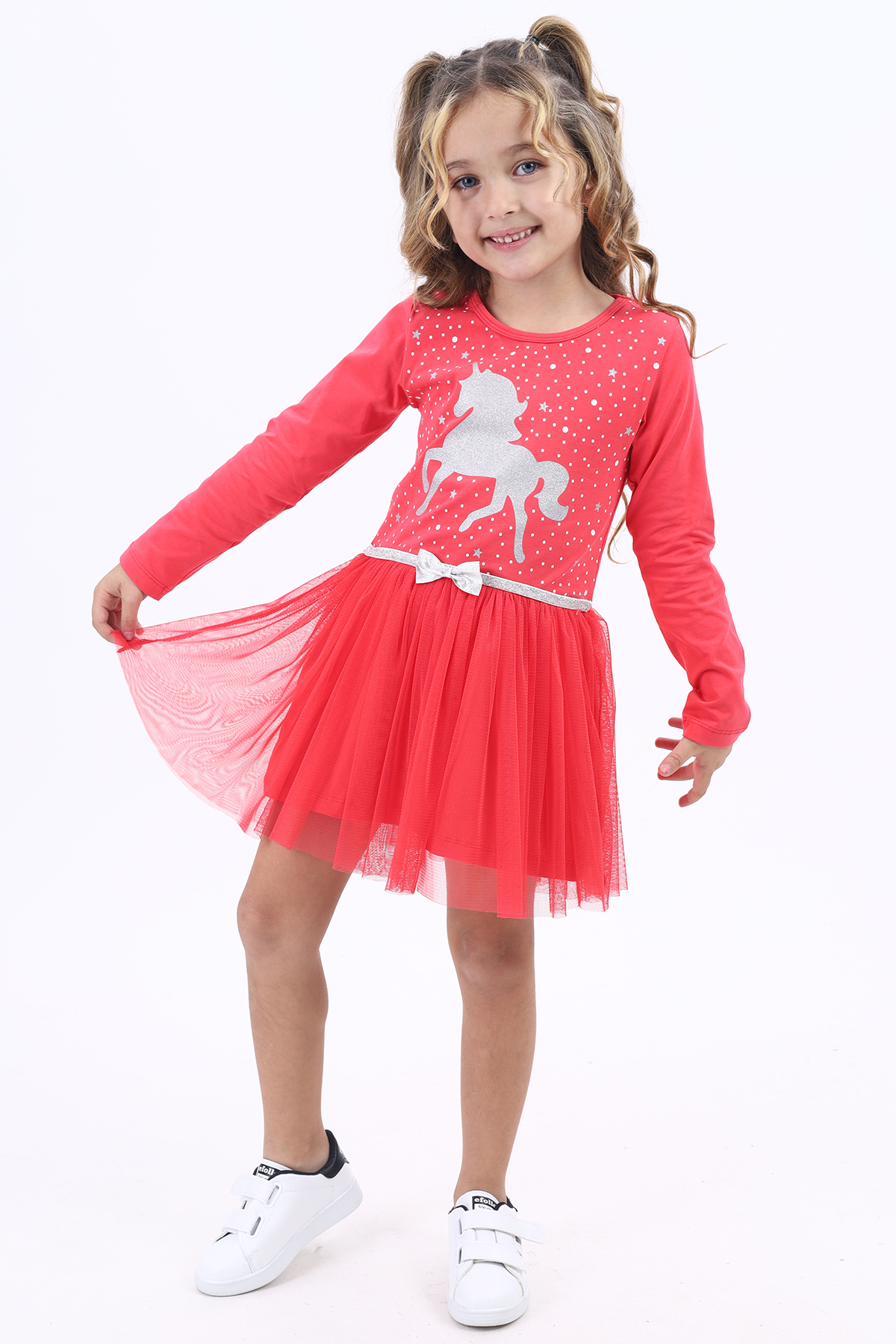 Toontoy Kız Çocuk Taş İşlemeli Tül Detaylı Unicorn Baskılı Elbise