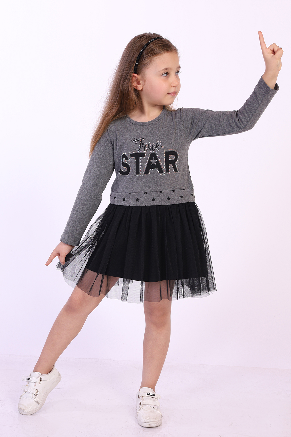 Toontoy Kız Çocuk Star Baskılı Tüllü Elbise