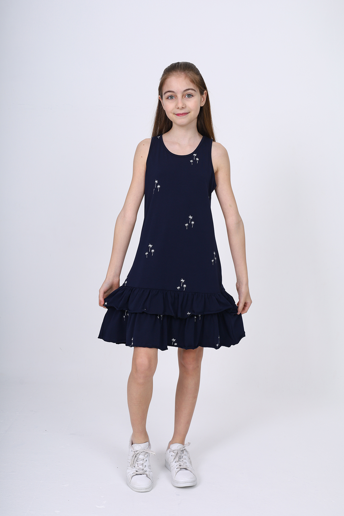 Toontoy Kız Çocuk Fırfırlı Palmiye Ağacı Baskılı Elbise