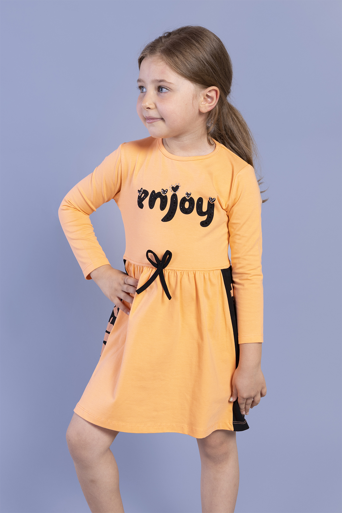 Toontoy Kız Çocuk Taş İşlemeli Enjoy Baskılı Elbise
