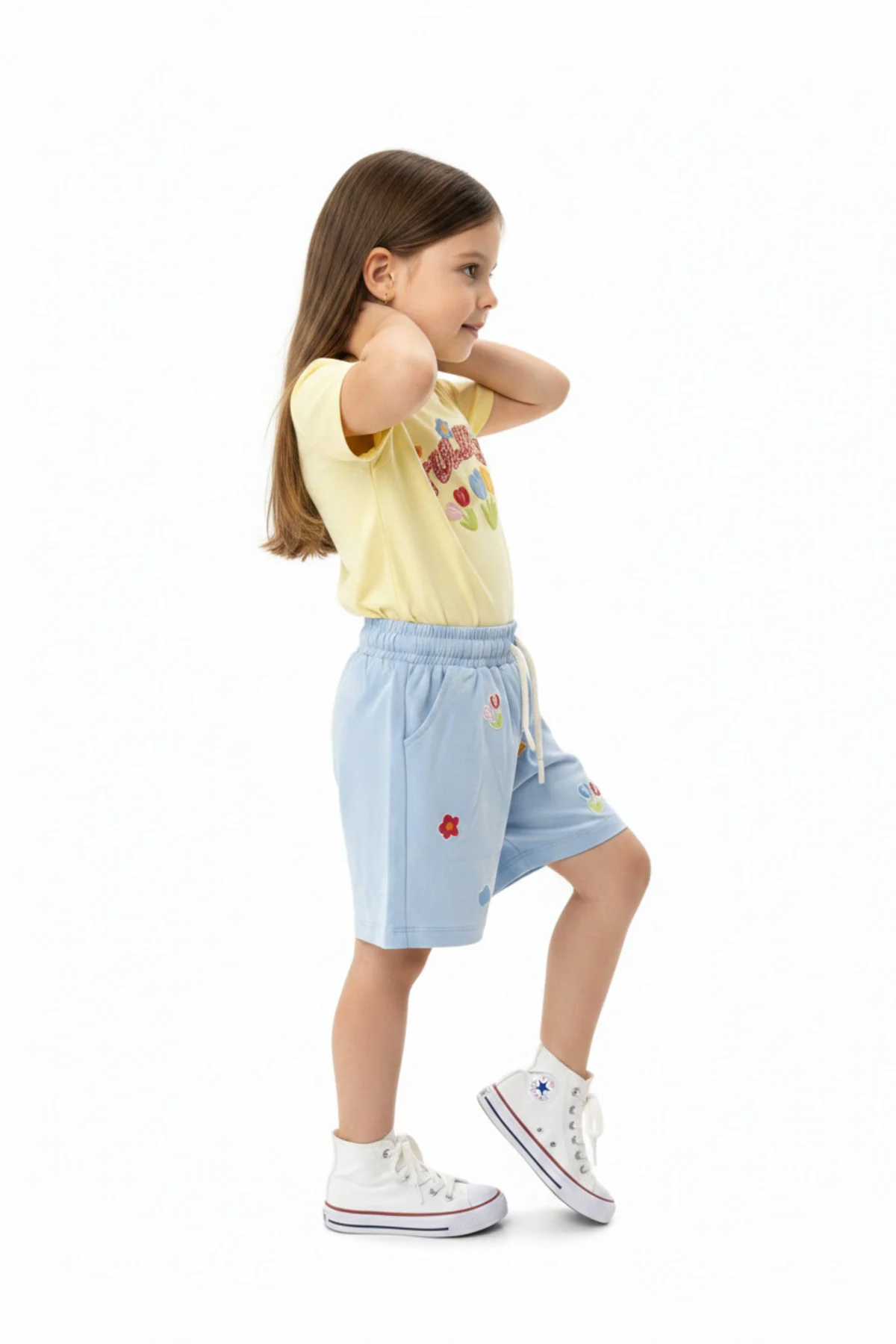 Toontoy Kız Çocuk 2'li  Şortlu Takım Bisiklet Yaka Kısa Kollu Bas