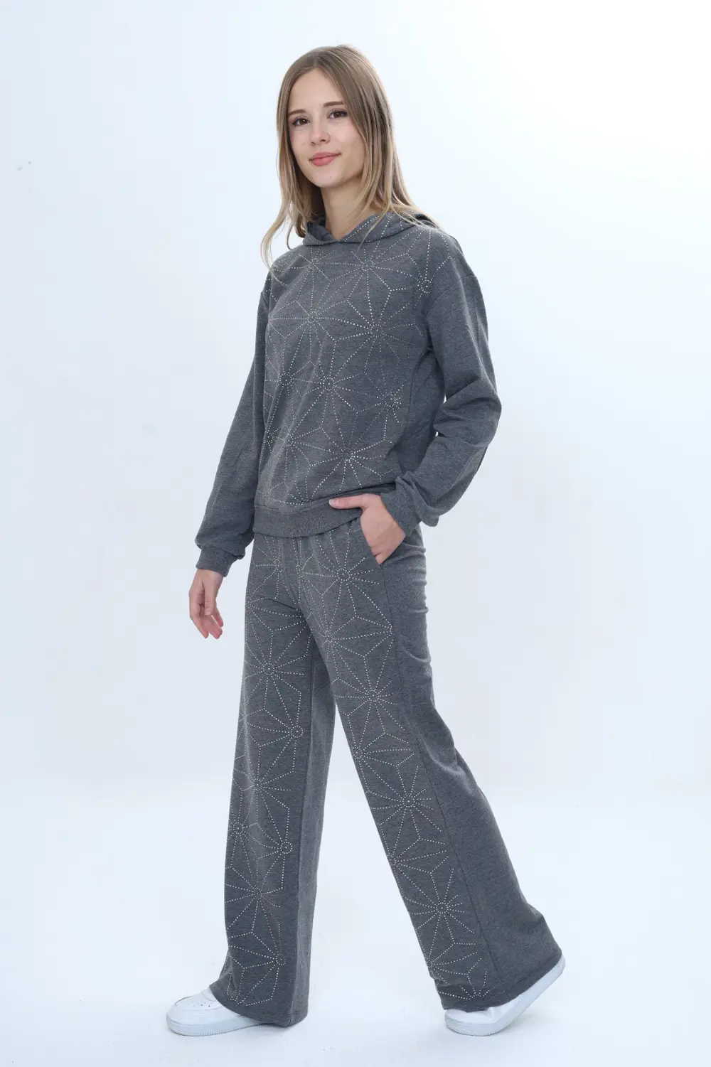Toontoy Kız Çocuk 2'li Takım Taş İşlemeli Kapüşonlu Sweatshirt & 