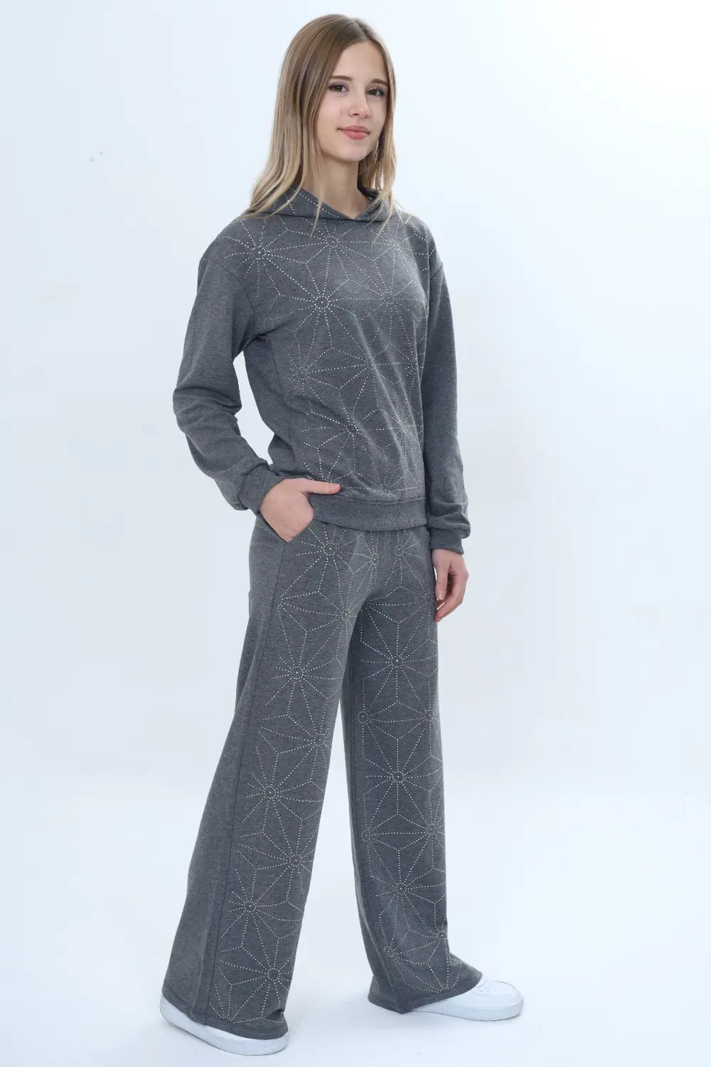 Toontoy Kız Çocuk 2'li Takım Taş İşlemeli Kapüşonlu Sweatshirt & 