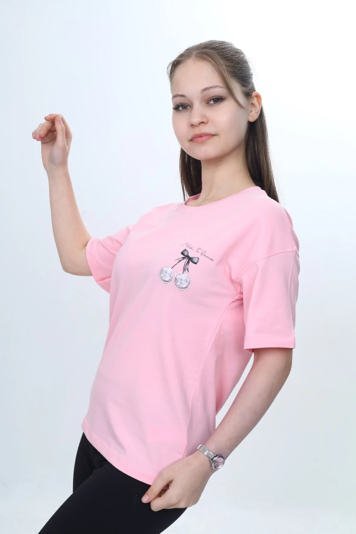 Toontoy Kız Çocuk Bisiklet Yaka Düşük Omuz Kısa Kollu Baskılı Tiş