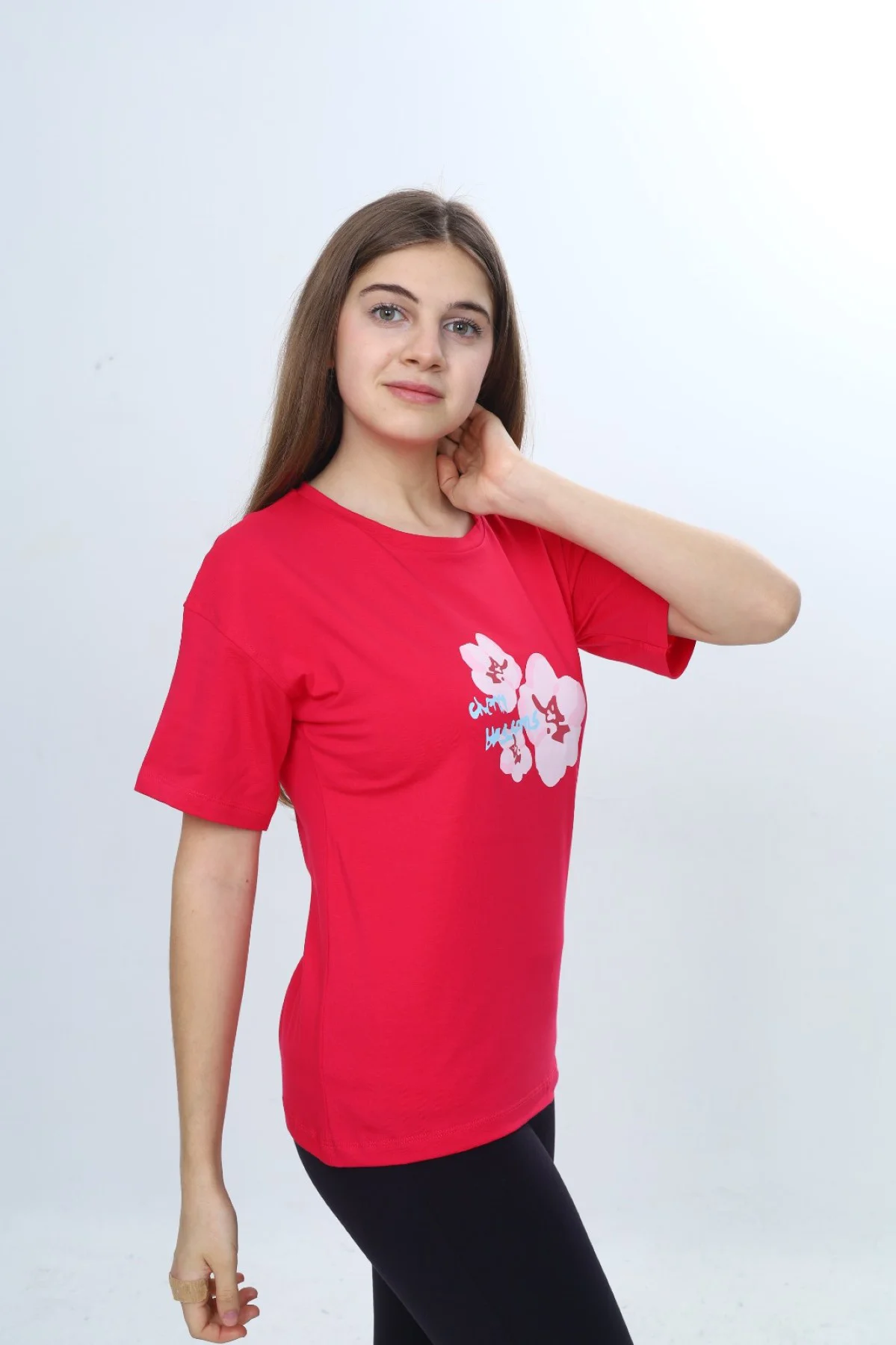 Toontoy Kız Çocuk Bisiklet Yaka Düşük Omuz Kısa Kollu Baskılı Tiş