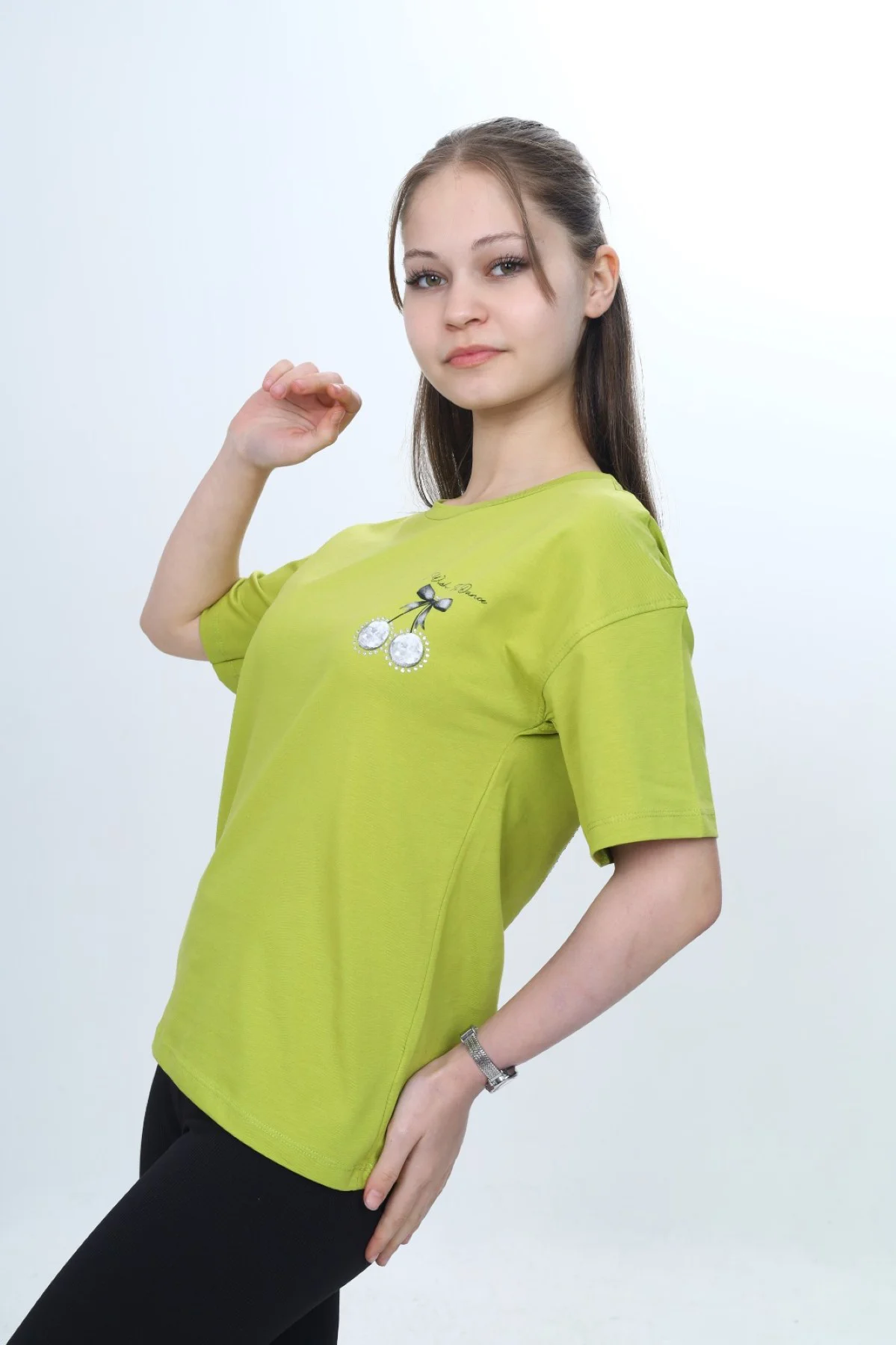 Toontoy Kız Çocuk Bisiklet Yaka Düşük Omuz Kısa Kollu Baskılı Tiş