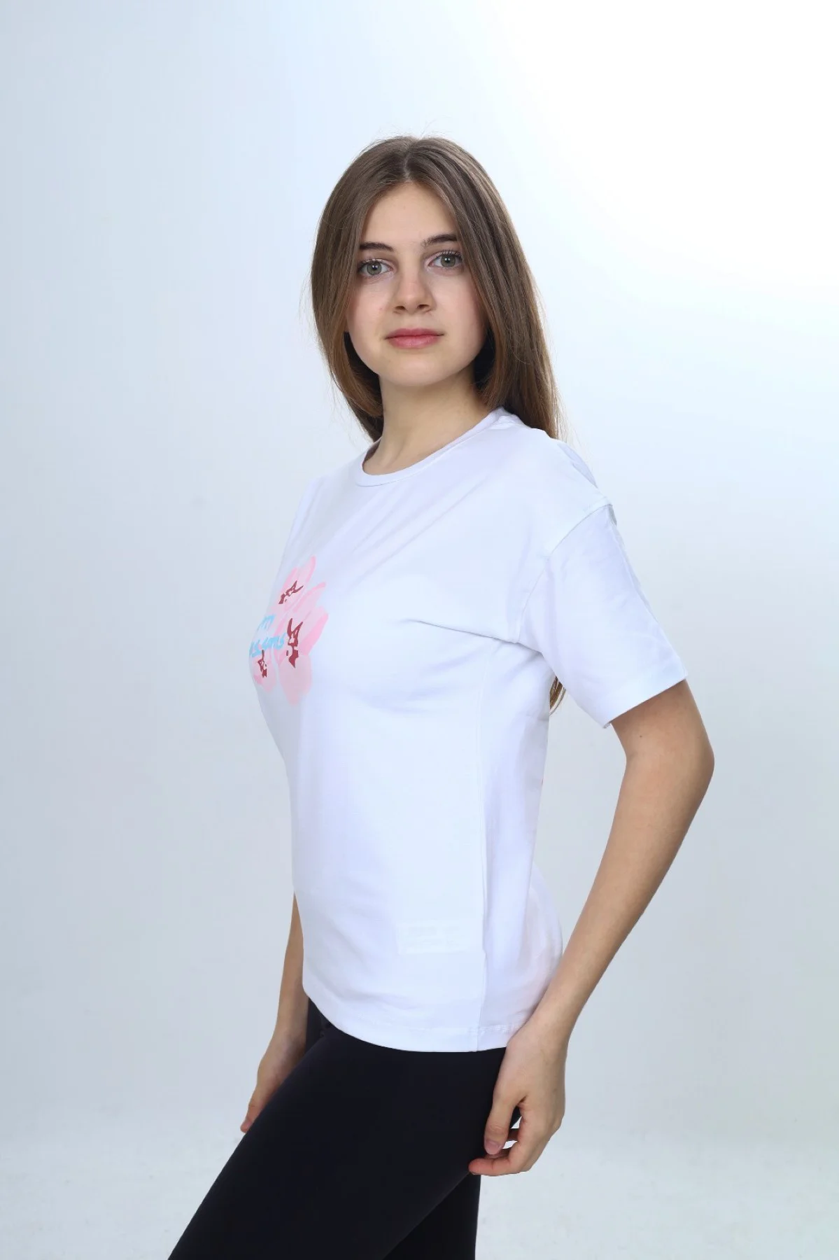 Toontoy Kız Çocuk Bisiklet Yaka Düşük Omuz Kısa Kollu Baskılı Tiş