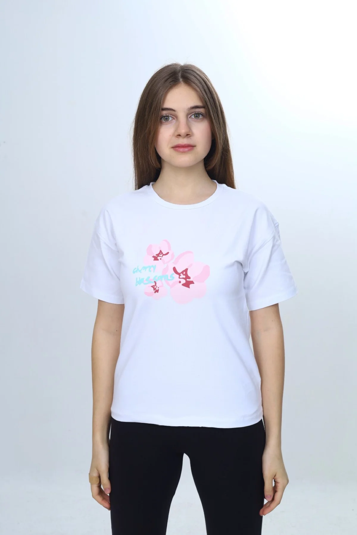Toontoy Kız Çocuk Bisiklet Yaka Düşük Omuz Kısa Kollu Baskılı Tiş