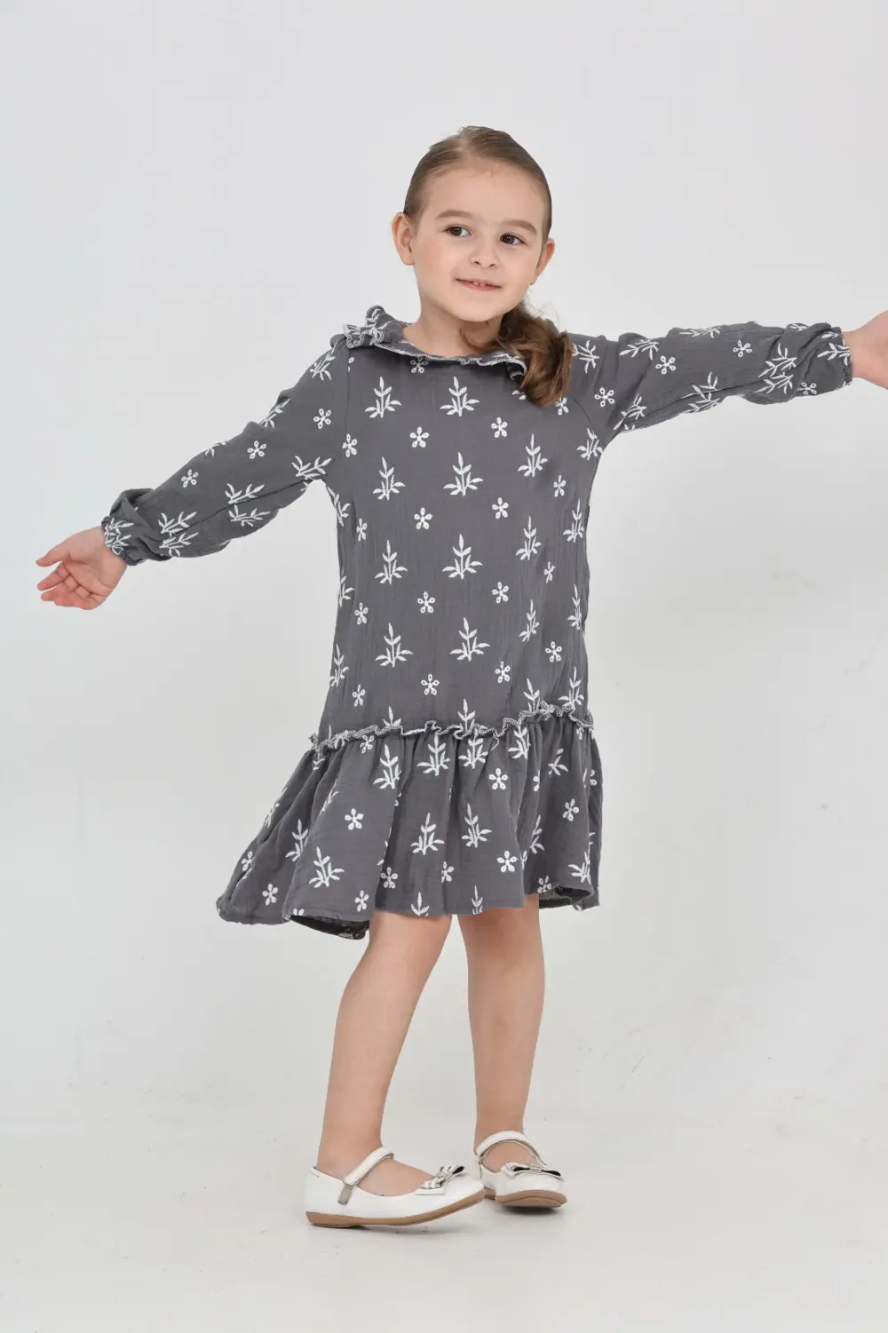 Toontoy Kız Çocuk Çiçek Nakışlı Bebe Yaka Elbise