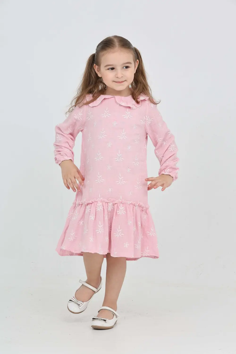 Toontoy Kız Çocuk Çiçek Nakışlı Bebe Yaka Elbise