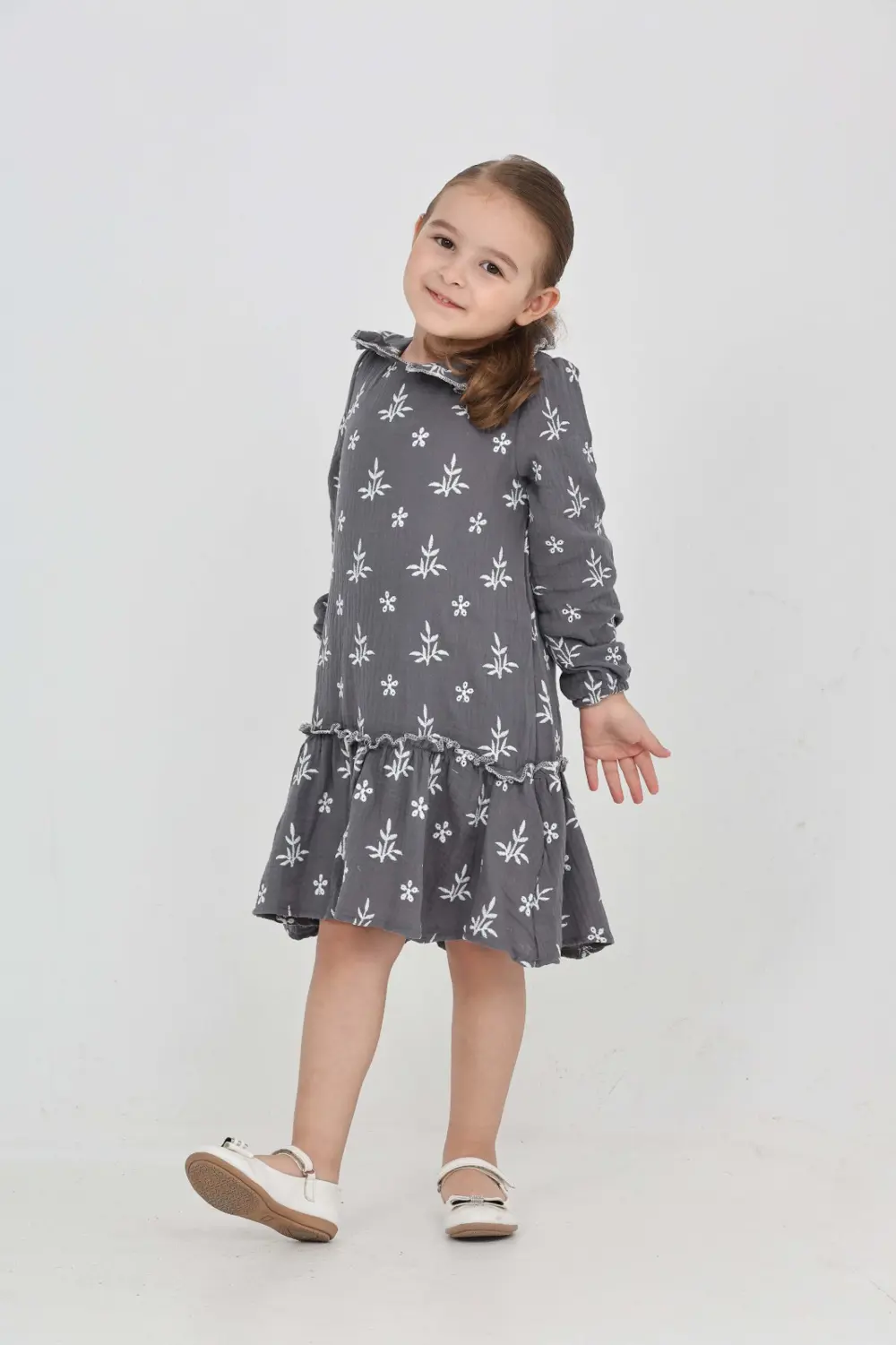 Toontoy Kız Çocuk Çiçek Nakışlı Bebe Yaka Elbise