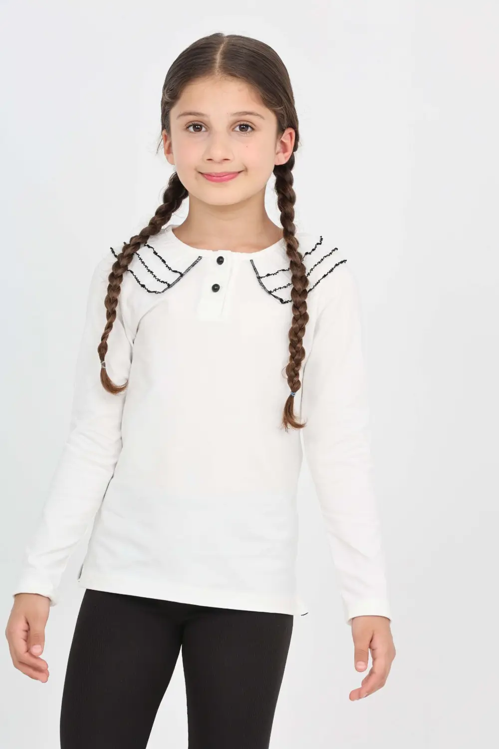 Toontoy Kız Çocuk Okul Yakası Güpürlü Tişört