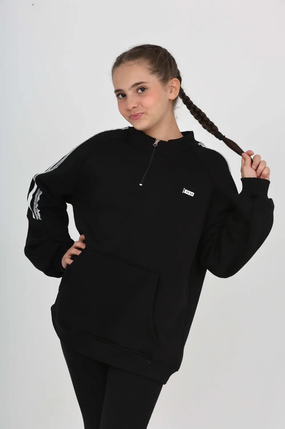 Toontoy Kız Çocuk Relax Fit Yarım Balıkçı Yaka Reglan Kol Sweatsh
