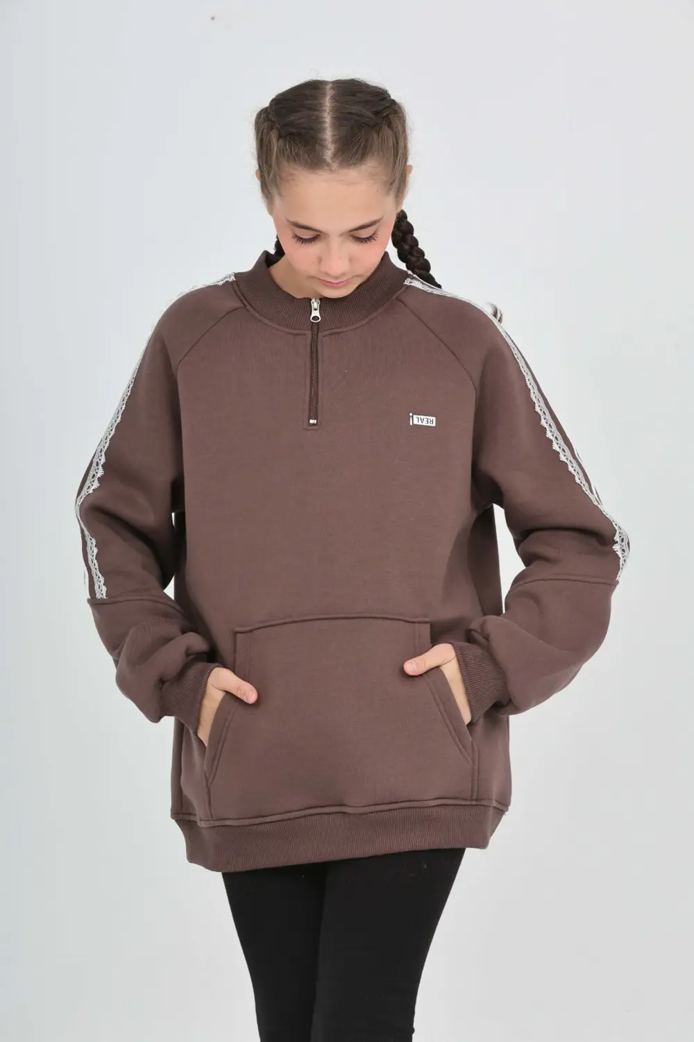 Toontoy Kız Çocuk Relax Fit Yarım Balıkçı Yaka Reglan Kol Sweatsh