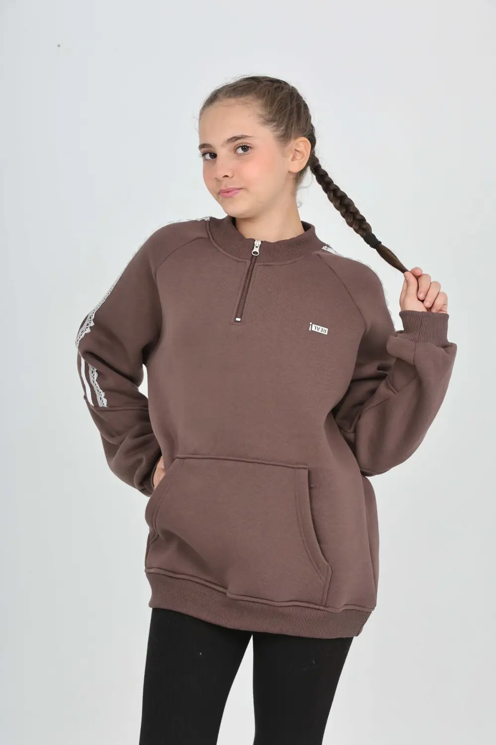 Toontoy Kız Çocuk Relax Fit Yarım Balıkçı Yaka Reglan Kol Sweatsh