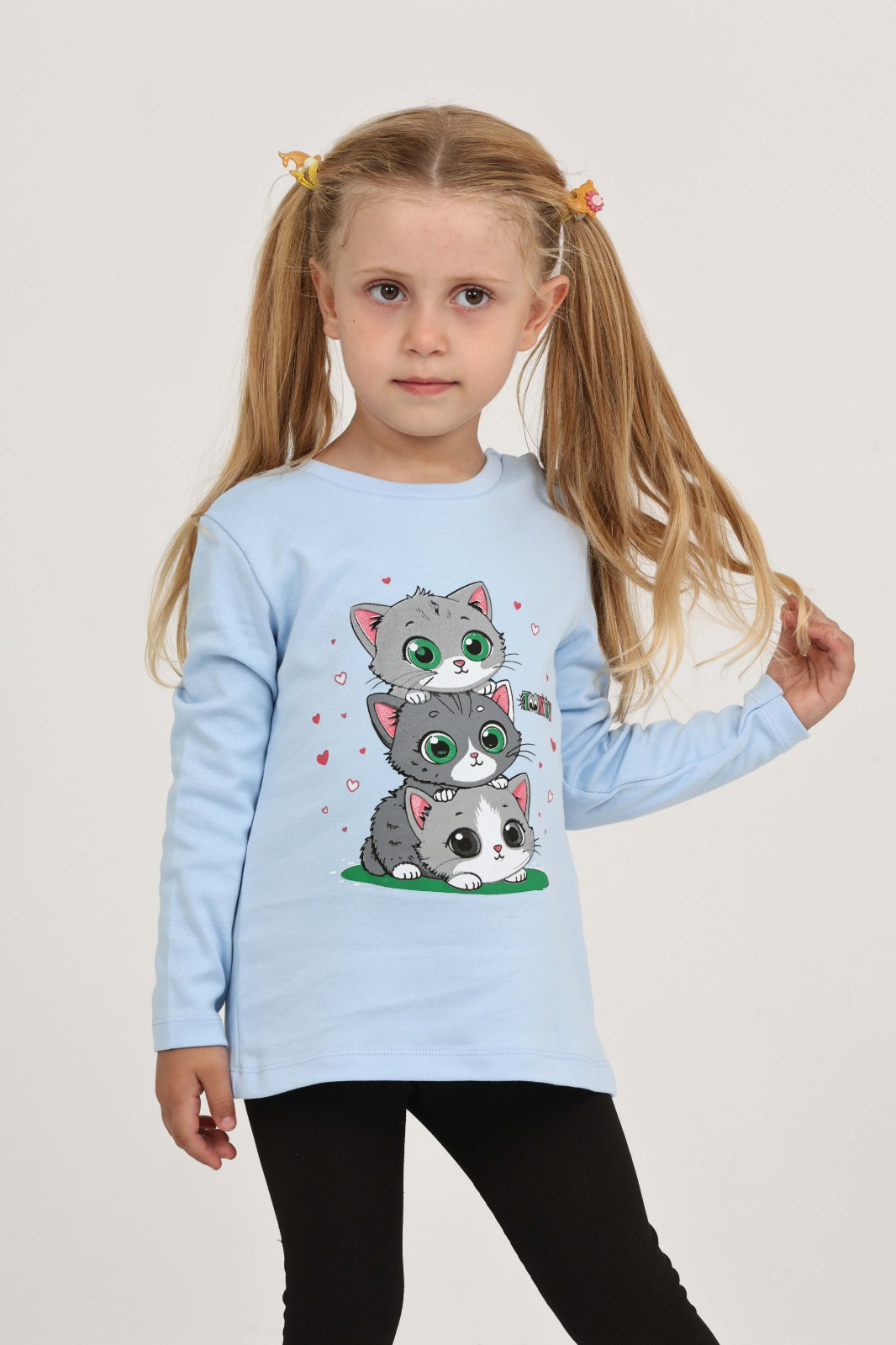 Toontoy Kız Çocuk Üçlü Kedi Baskılı Sweatshirt